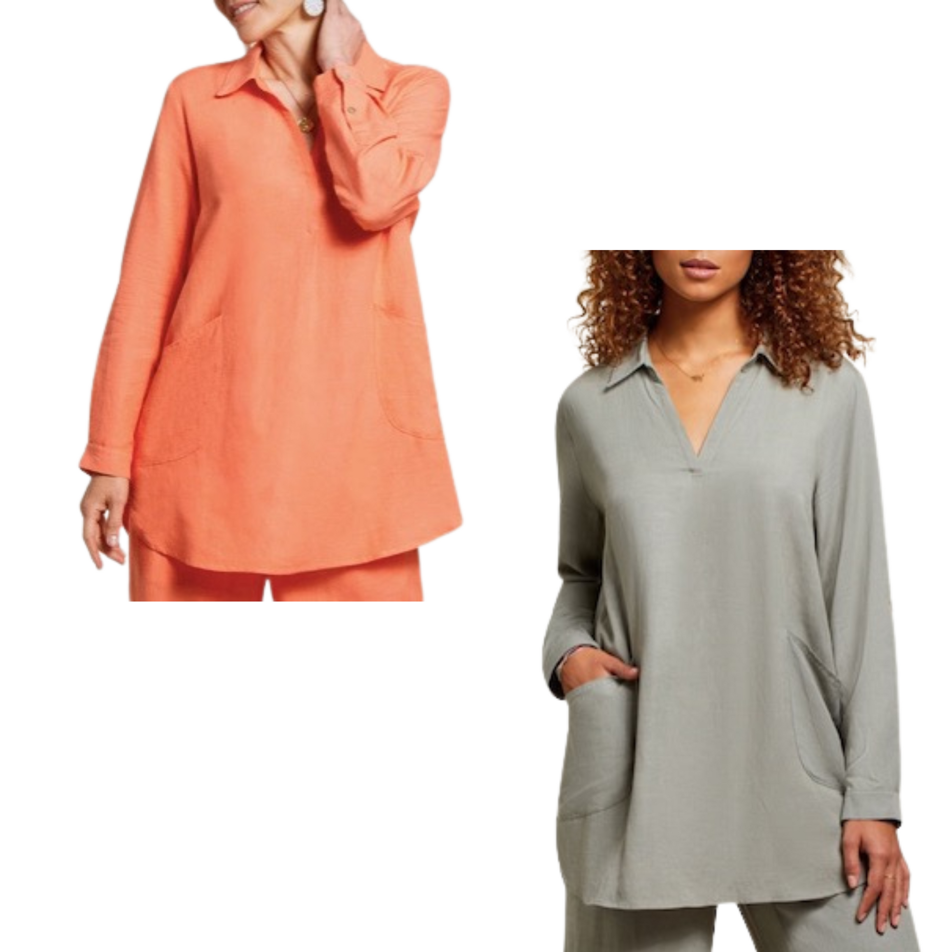 This long sleeve tunic blouse comes in two stylish colors: coral and bay leaf. The loose fit design features long sleeves, a v neck, and a classic collared style – showcasing effortless sophistication. Perfect for a chic look for any occasion.