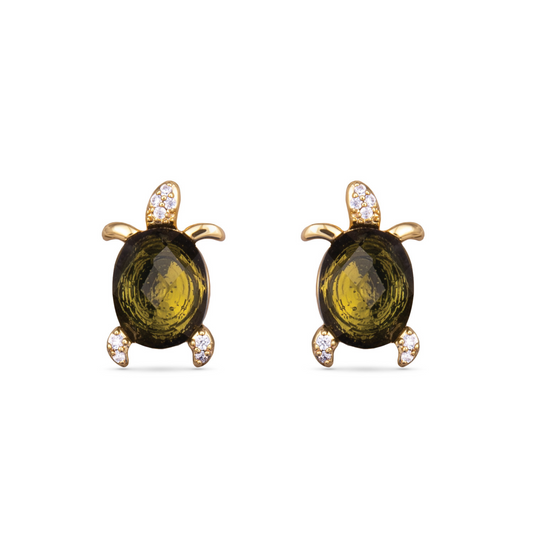Experience the elegance of these Turtle Stud Earrings. Made of high-quality gold, each earring features a stunning green gem in the shape of a turtle. Perfect for any occasion, these stud earrings add a touch of sophistication to any outfit.