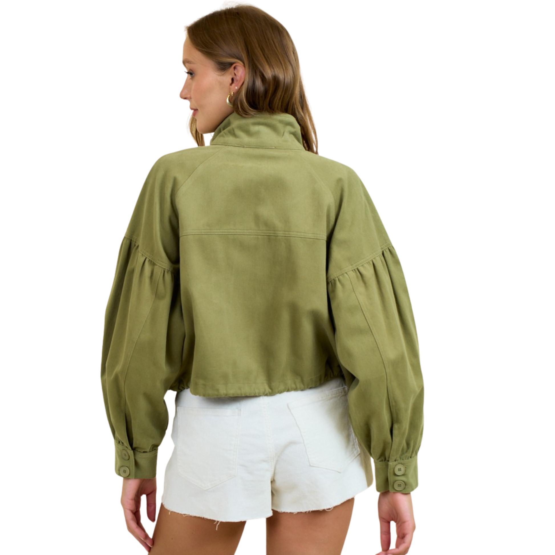 The Blouson Twill Utility Jacket from Doe & Rae offers a classic button up style in a light olive color. Made of durable twill material, this jacket is both stylish and functional for everyday wear.