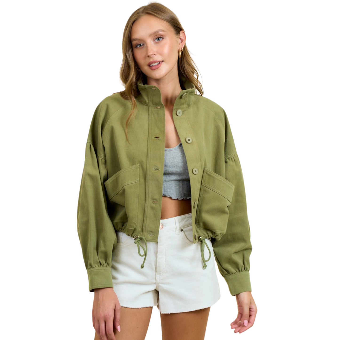 The Blouson Twill Utility Jacket from Doe & Rae offers a classic button up style in a light olive color. Made of durable twill material, this jacket is both stylish and functional for everyday wear.