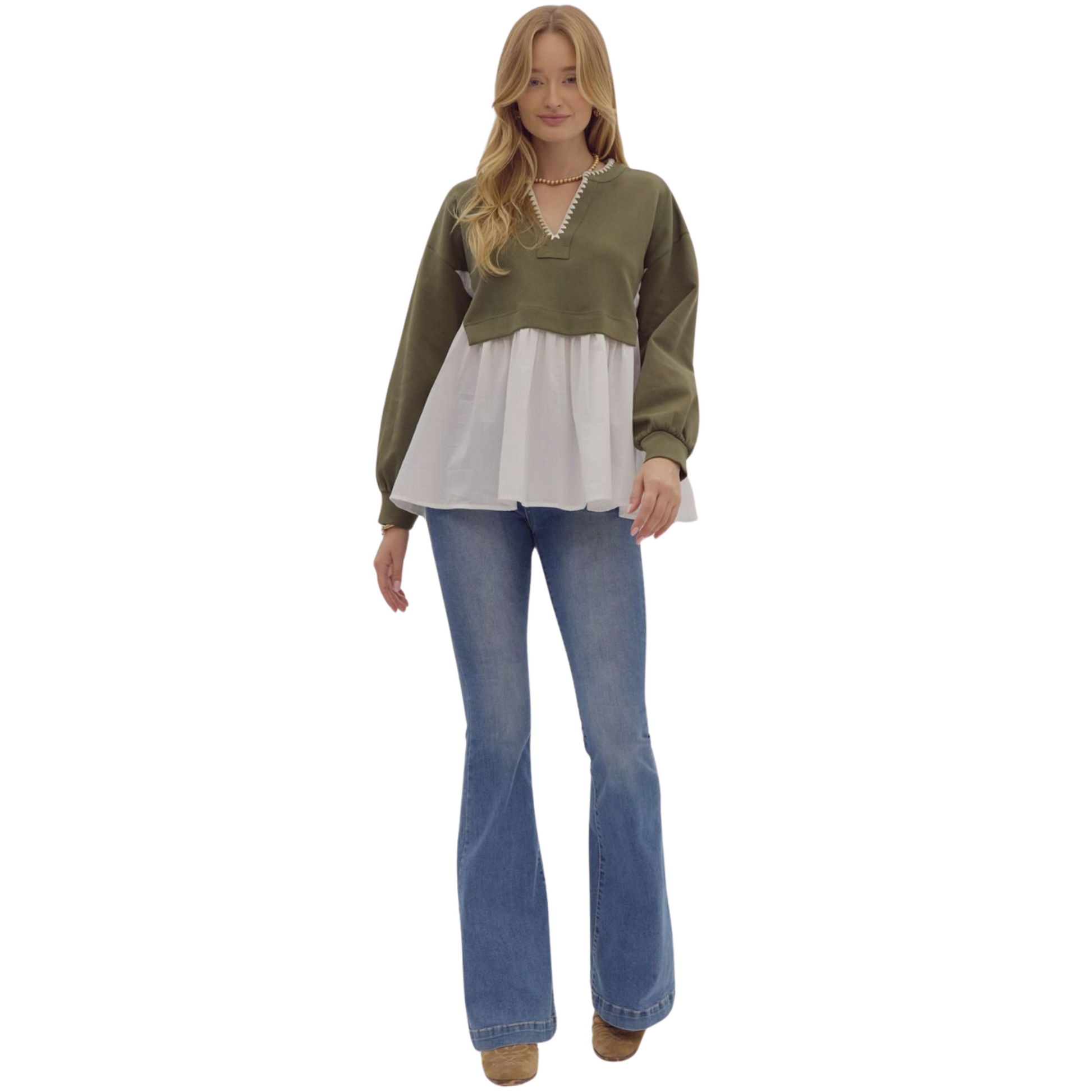 This solid long sleeve twofer henley pullover top combines style and comfort with its unique design and cozy knit material. The blanket stitch at the neckline adds a touch of detail to this olive colored top. Lightweight and non-sheer, this top is perfect for any occasion.