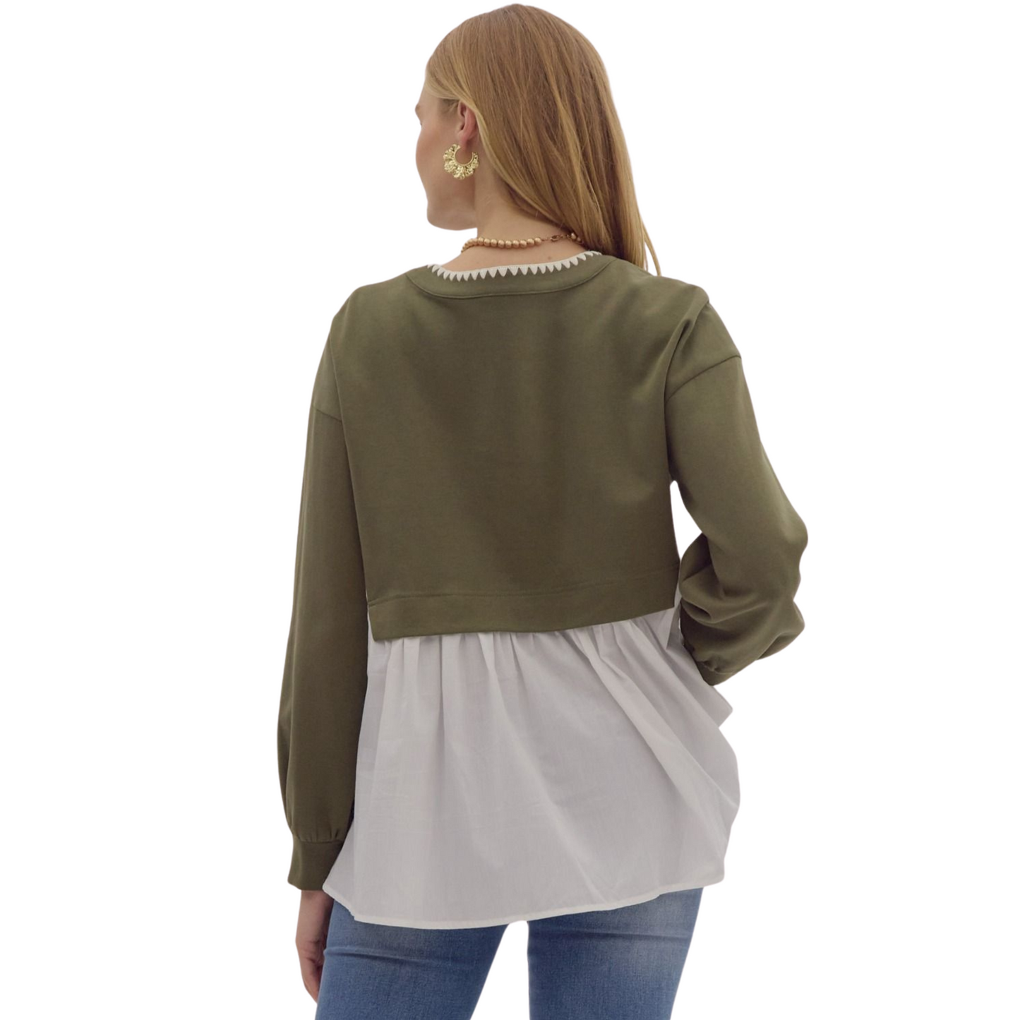 This solid long sleeve twofer henley pullover top combines style and comfort with its unique design and cozy knit material. The blanket stitch at the neckline adds a touch of detail to this olive colored top. Lightweight and non-sheer, this top is perfect for any occasion.