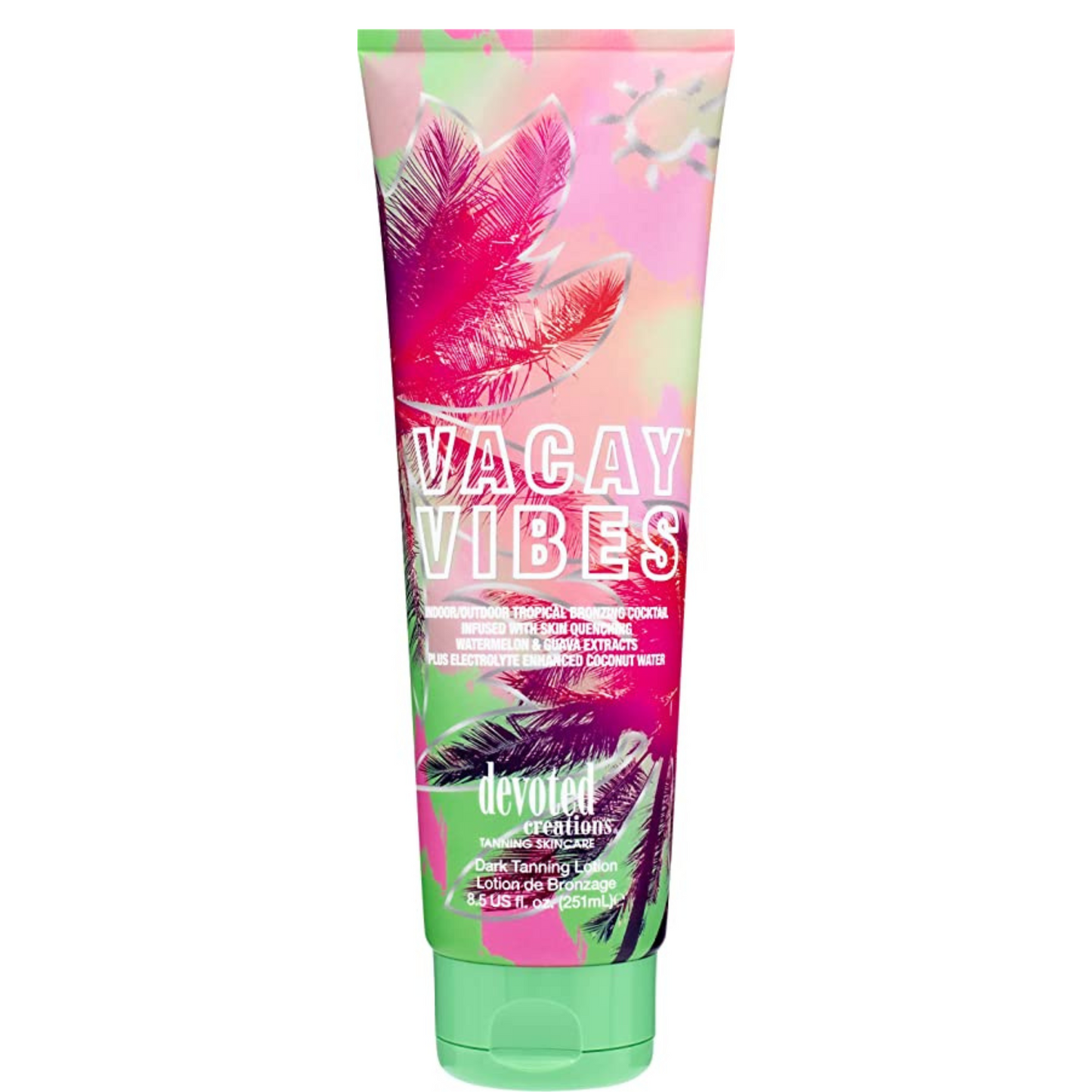 Vacay Vibes tanning lotion is your key to a glowing complexion. Its enriched bronzer formula helps to provide natural bronzing color while also delivering a radiant, even tan. With Vacay Vibes, you can enjoy the look of a sun-kissed vacation without spending days in the sun.