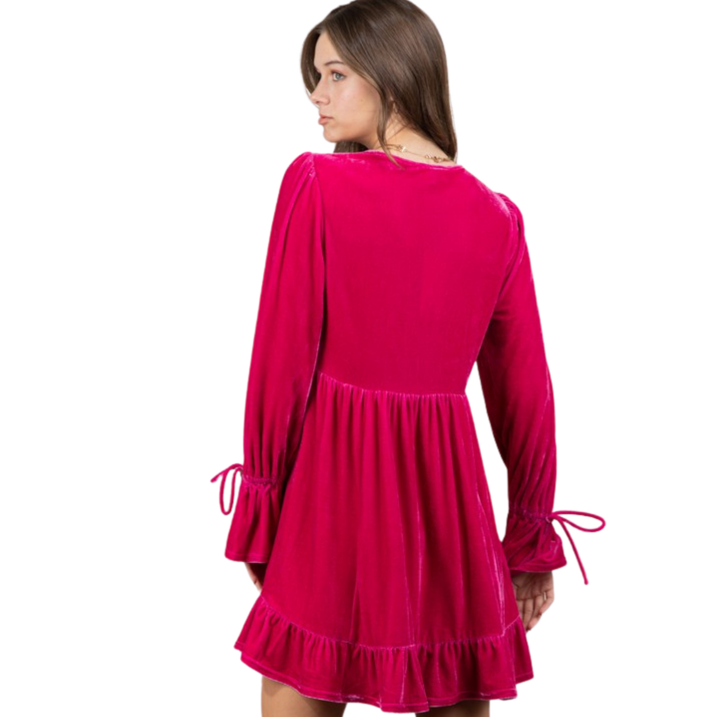 This high quality velvet Babydoll Ruffle Mini Dress comes with a long bell sleeve and V-neck for a festive look. The bright colors and sleeve tie will make you stand out during holiday celebrations. Perfect for both Christmas and Valentine's Day!