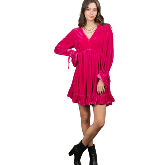 This high quality velvet Babydoll Ruffle Mini Dress comes with a long bell sleeve and V-neck for a festive look. The bright colors and sleeve tie will make you stand out during holiday celebrations. Perfect for both Christmas and Valentine's Day!