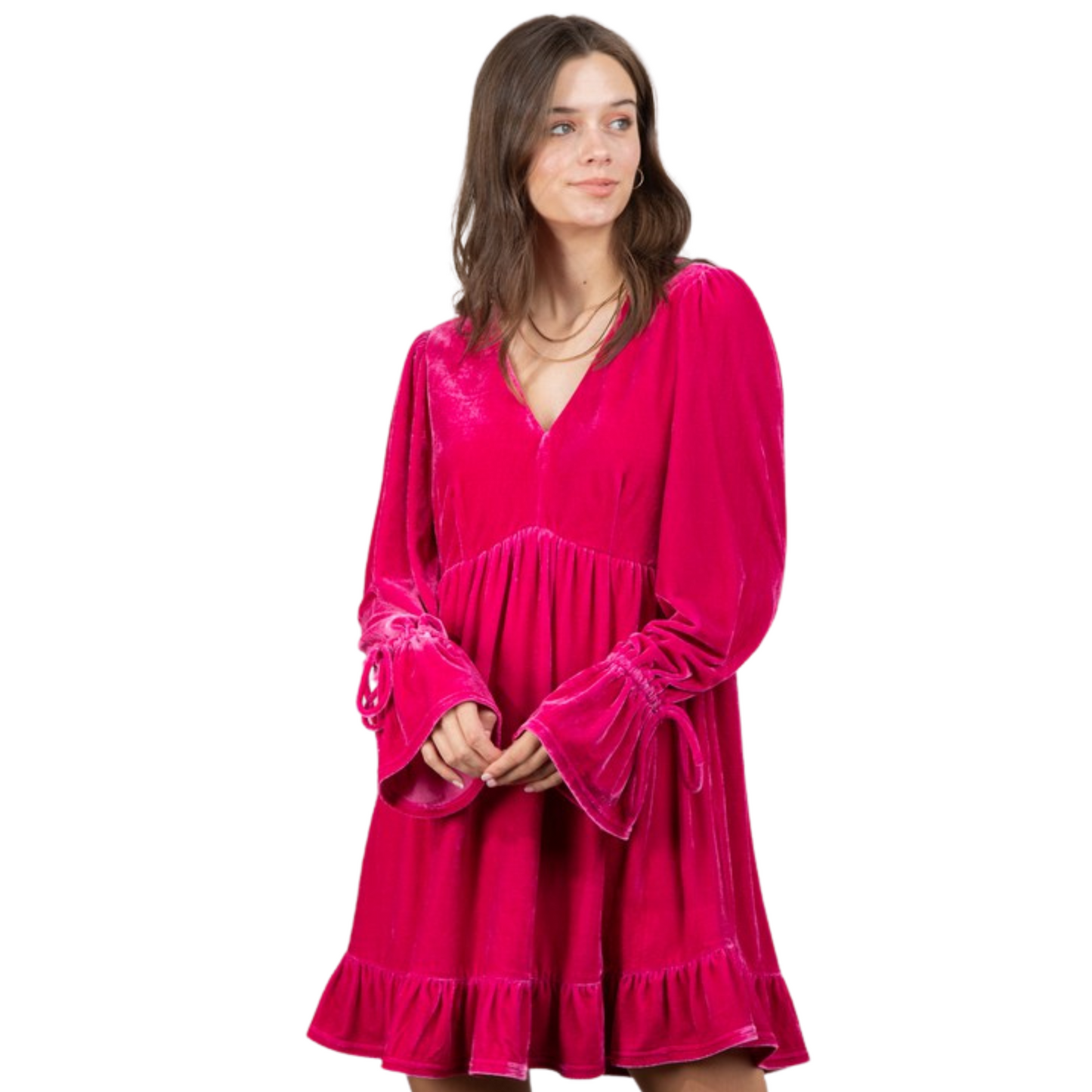 This high quality velvet Babydoll Ruffle Mini Dress comes with a long bell sleeve and V-neck for a festive look. The bright colors and sleeve tie will make you stand out during holiday celebrations. Perfect for both Christmas and Valentine's Day!