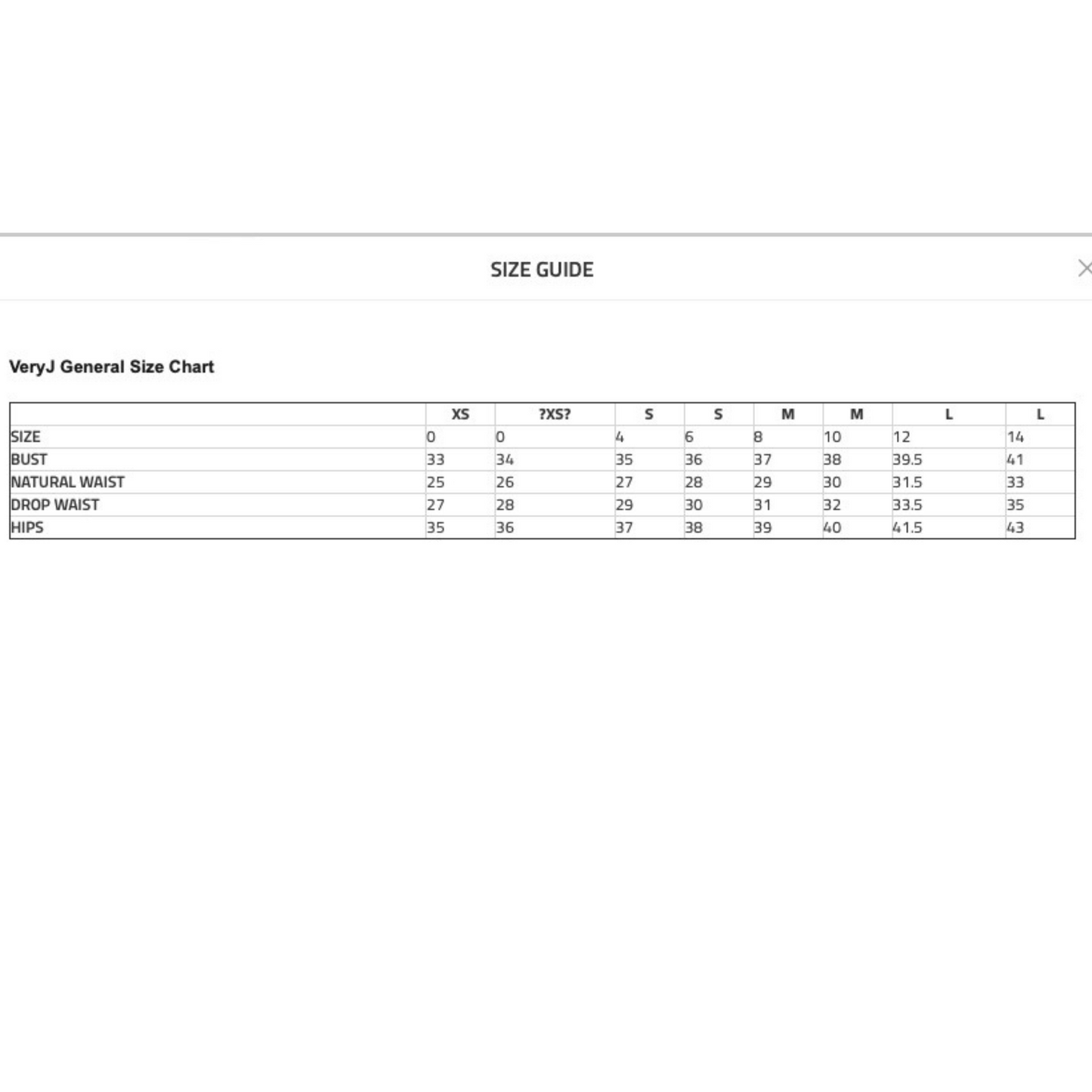 Very J Size Chart