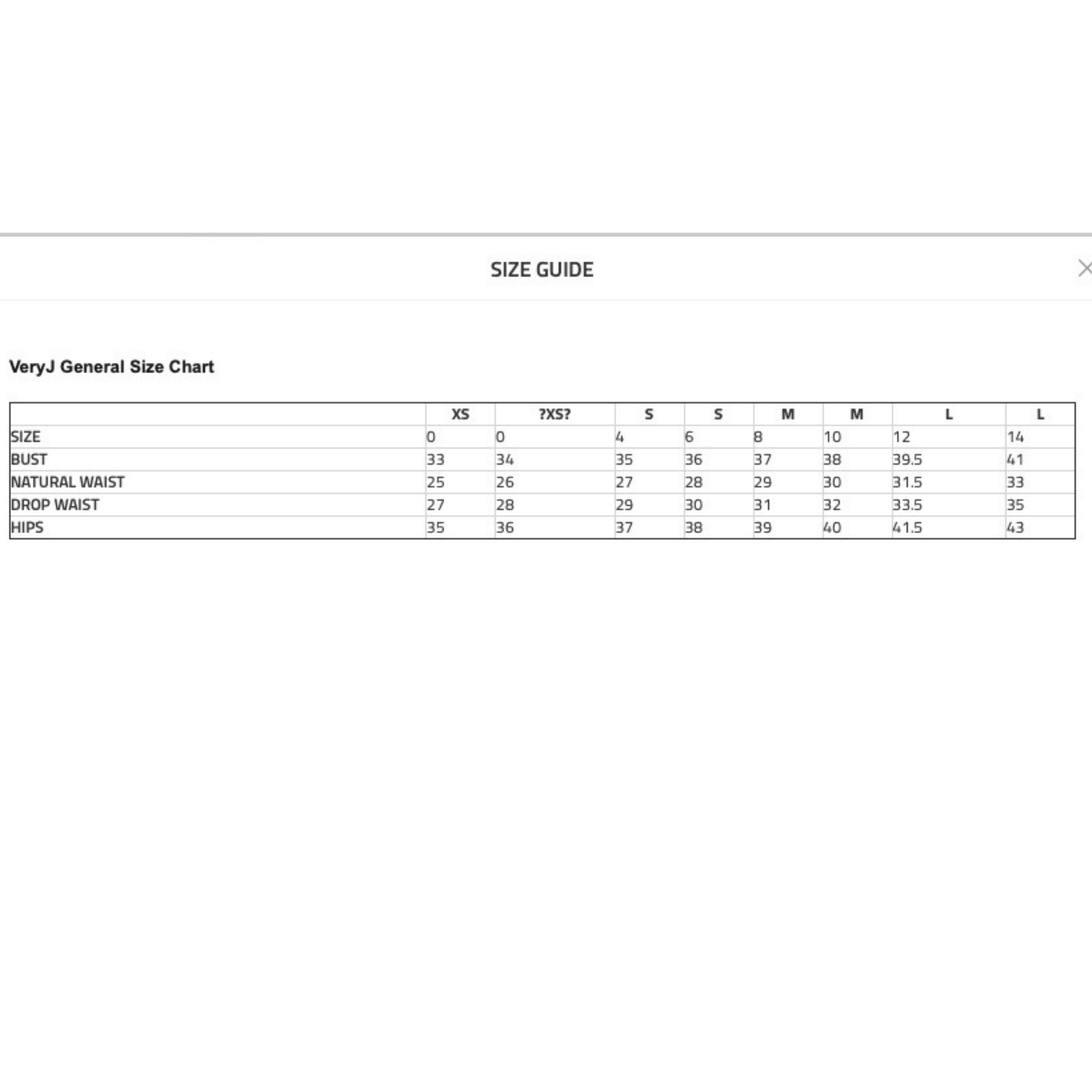 Very J Size Chart