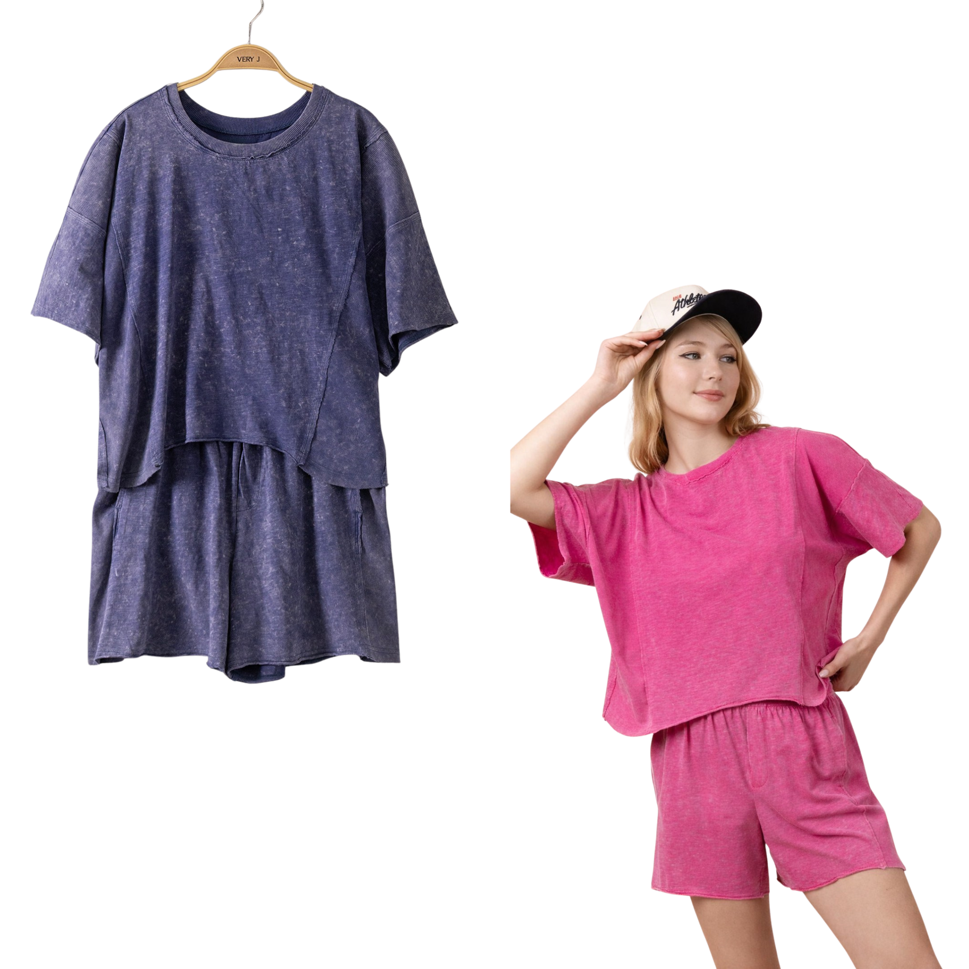 Effortless comfort meets casual style with this Round Neck Top and Shorts Set by Very J. The soft short sleeve top features a classic round neckline, paired with coordinating shorts for a complete look. Available in versatile denim or soft pink, this two-piece set is perfect for everyday wear, lounging, or weekend outings. Mix and match with your favorite accessories for endless styling possibilities.