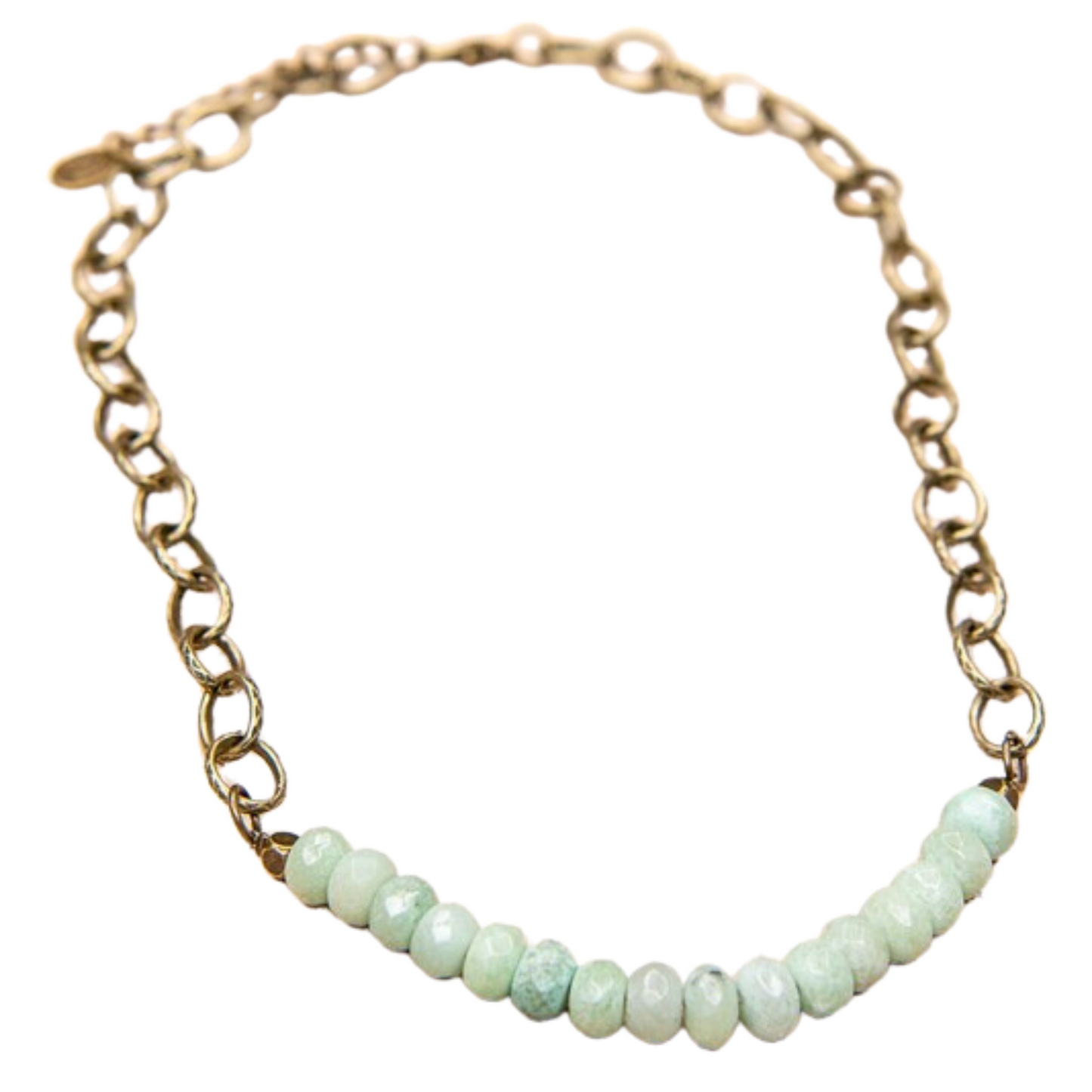 This elegant Victoria Necklace is an eye-catching accessory for any special occasion. Crafted with a golden hue and adorned with light blue beads, this short necklace is sure to become your new favorite.