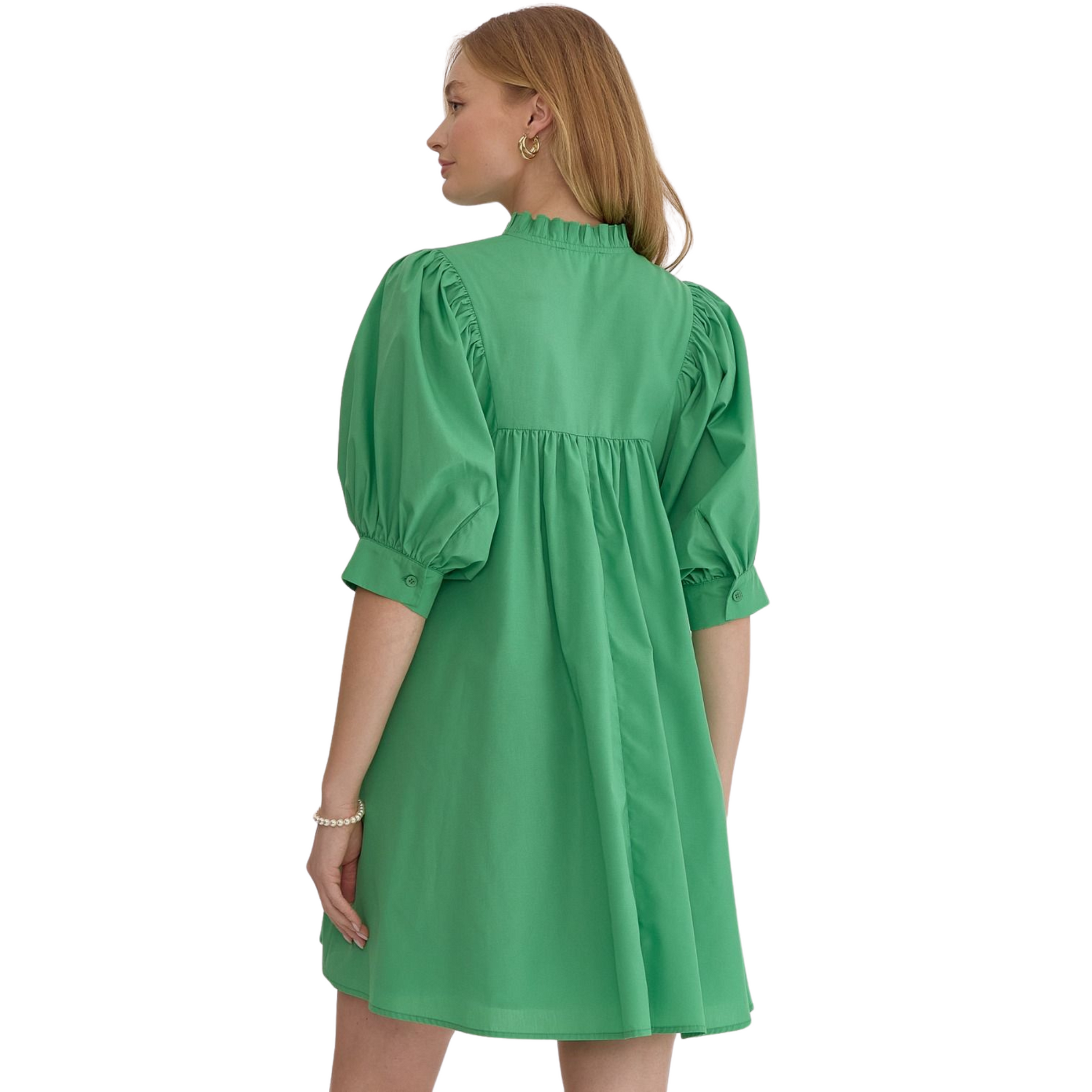 Expertly crafted with a solid v-neck and half sleeves, this mini dress exudes effortless elegance. The button closure at the cuff and pockets at the sides add functionality to the stylish design. Lightweight, non-sheer, and lined for comfort, this woven dress is the perfect addition to your wardrobe.