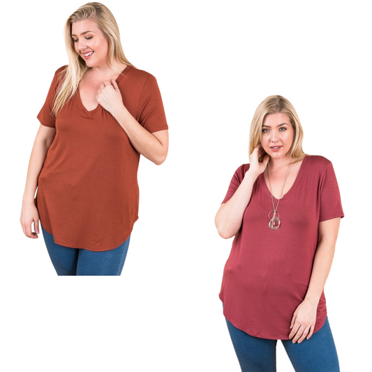 Our V-Neck Tee makes a stylish addition to any wardrobe. It's crafted in breathable fabric and is available in plus size and two colors: hazelnut and marsala. Its classic v-neck cut is comfortable and flattering for any occasion.