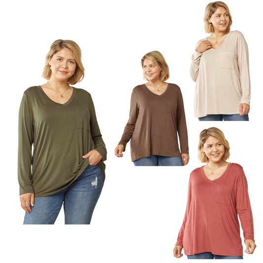 Our V-Neck Top features a figure-flattering V neckline, large convenient pocket, and long sleeves. Available in a variety of colors, this top is perfect for any casual or more formal occasion. With its durable material, this top will become a staple in your wardrobe.