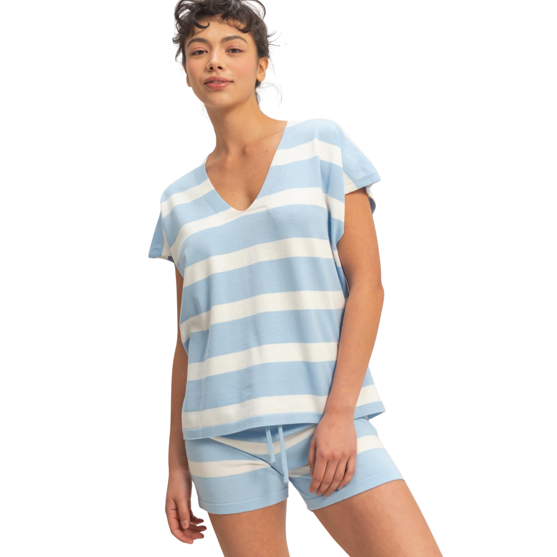 Elevate your casual wardrobe with this effortless two-piece set from HYFVE. The soft blue striped v-neck top pairs perfectly with matching striped shorts featuring a comfortable drawstring waist. Ideal for relaxed days at home, weekend outings, or layering under your favorite jacket. The coordinated stripes create a cohesive, put-together look without the fuss. Breathable fabric keeps you comfortable all day long.