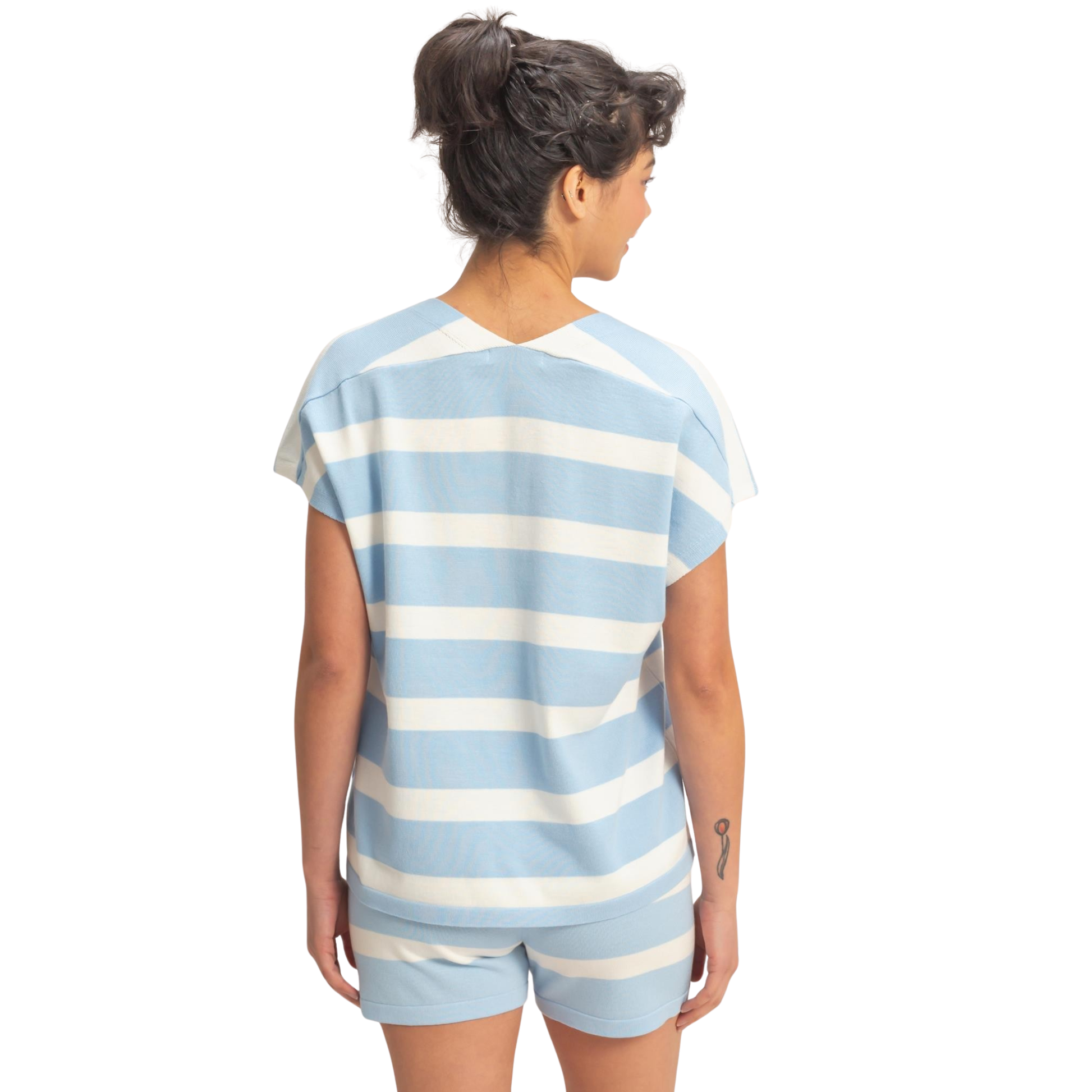 Elevate your casual wardrobe with this effortless two-piece set from HYFVE. The soft blue striped v-neck top pairs perfectly with matching striped shorts featuring a comfortable drawstring waist. Ideal for relaxed days at home, weekend outings, or layering under your favorite jacket. The coordinated stripes create a cohesive, put-together look without the fuss. Breathable fabric keeps you comfortable all day long.