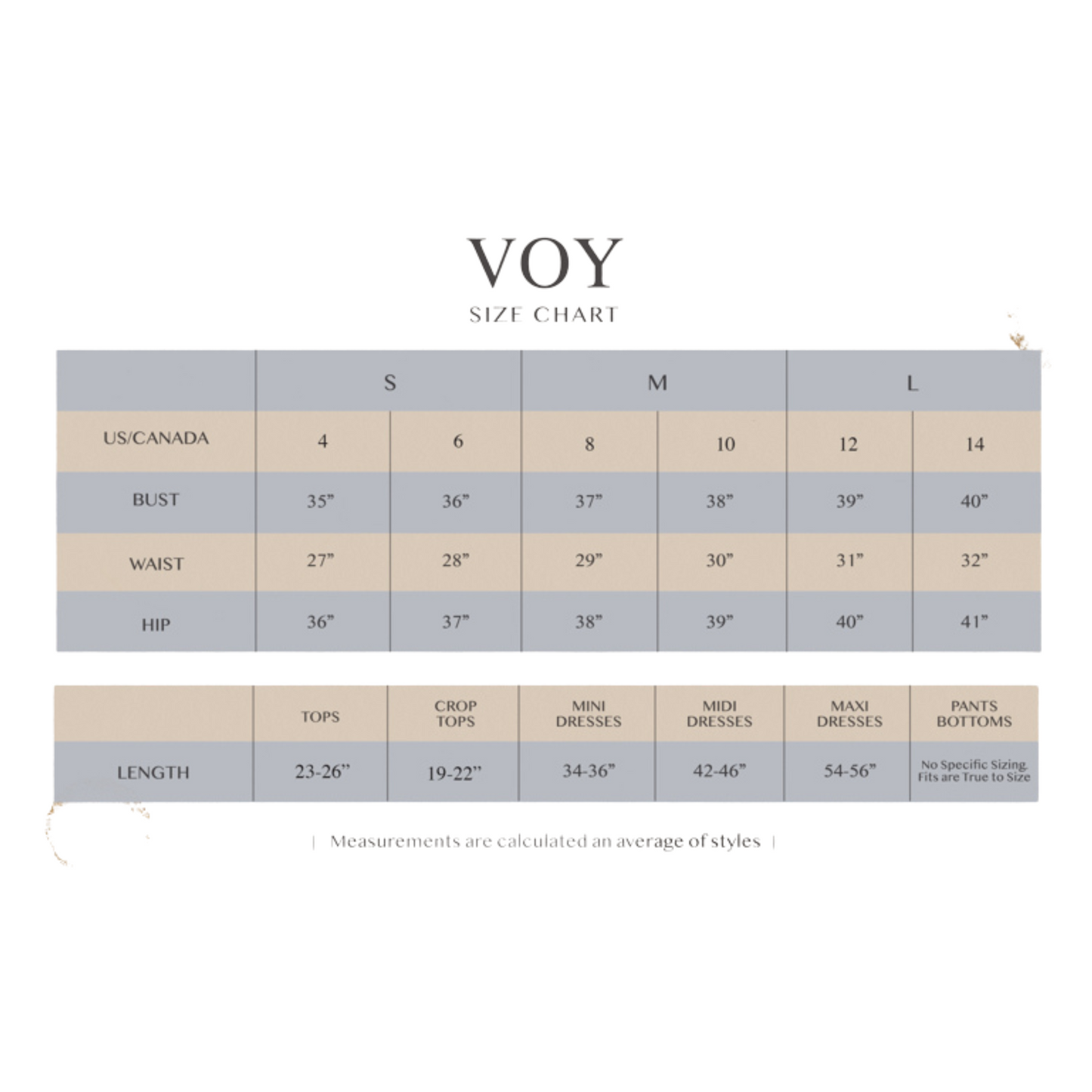 Voy Size Chart