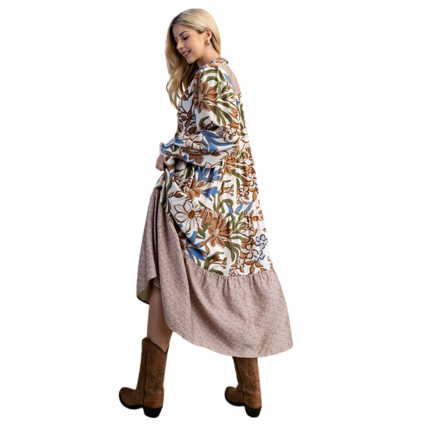 This GiGio brand midi dress features a sophisticated tiered design in a walnut color mix that adds subtle depth and richness to your look. The flattering V-neckline enhances elegance while the flowy silhouette ensures comfortable wear throughout the day or evening. Perfectly balancing style and ease, this dress is ideal for both casual outings and polished occasions.