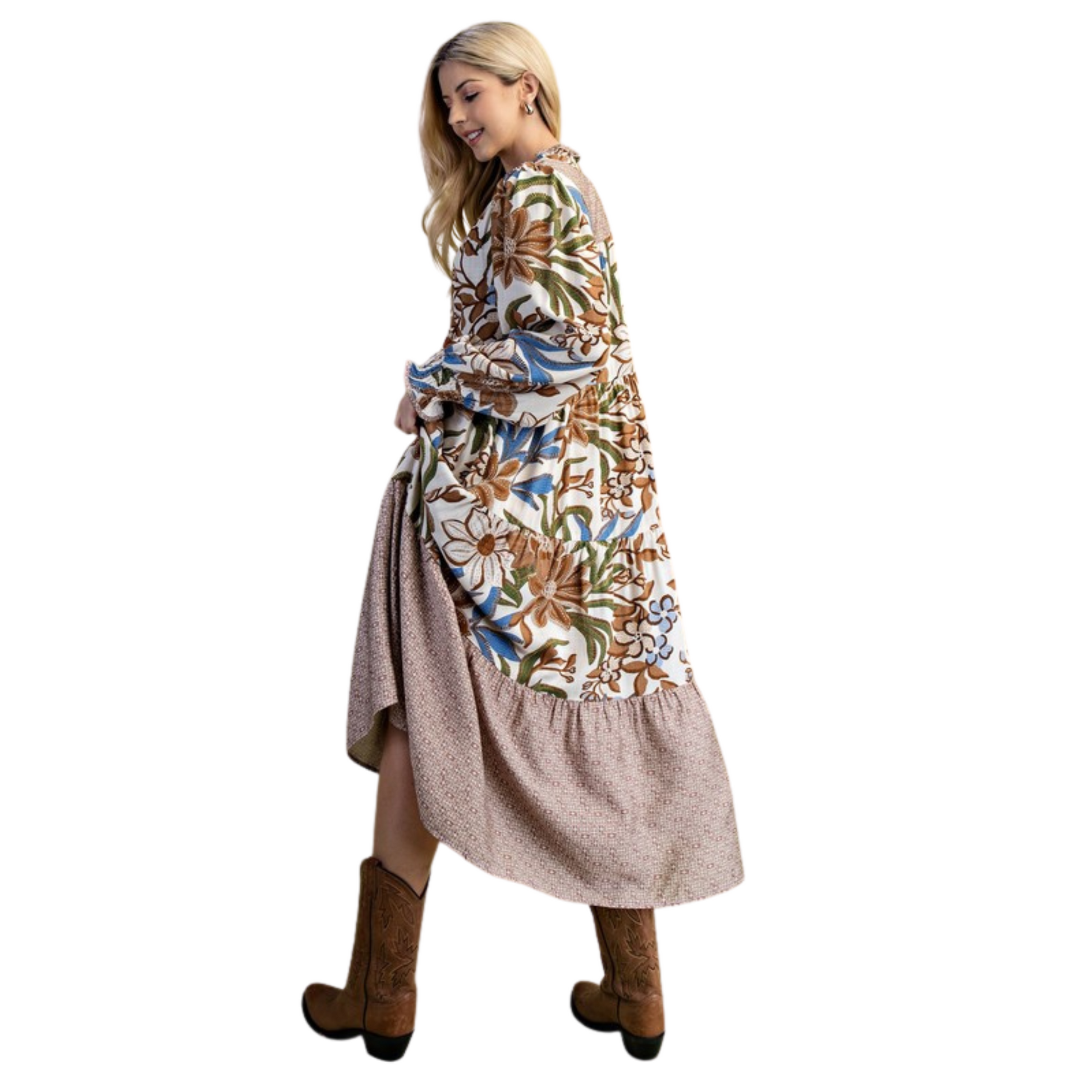 This GiGio brand midi dress features a sophisticated tiered design in a walnut color mix that adds subtle depth and richness to your look. The flattering V-neckline enhances elegance while the flowy silhouette ensures comfortable wear throughout the day or evening. Perfectly balancing style and ease, this dress is ideal for both casual outings and polished occasions.