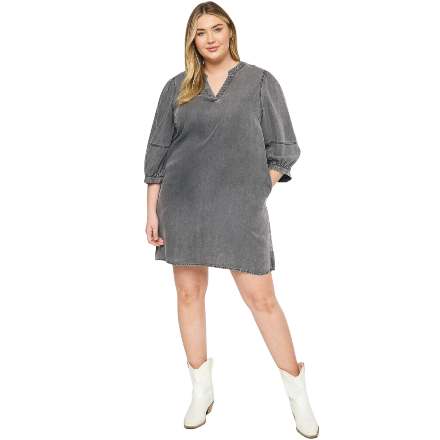 This Washed Denim Mini Dress is the perfect outfit for any season. Crafted from lightweight, woven fabric and washed denim, this 3/4 sleeve v-neck dress features side pockets and split detail at the side hem for comfortable and fashionable wear. Unlined for a natural fit. Non-sheer.