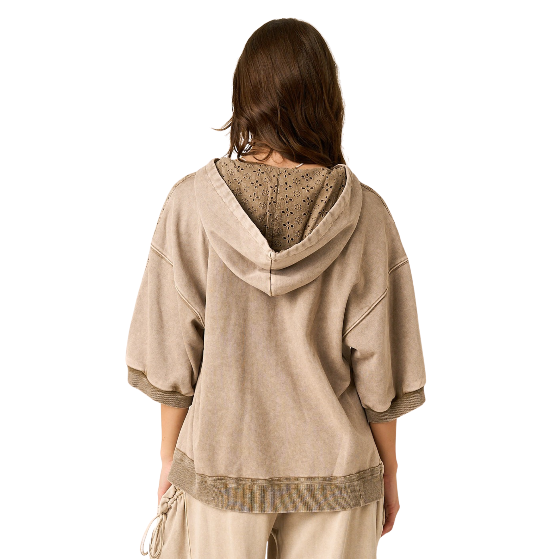 Elevate your casual wardrobe with this Mittoshop Washed Eyelet Lace Hoodie in rich mocha. Featuring delicate eyelet lace detailing and a comfortable short sleeve cut, this hooded top blends feminine charm with relaxed style. The soft, washed fabric offers a lived-in feel perfect for layering or wearing solo. Ideal for effortless everyday wear.