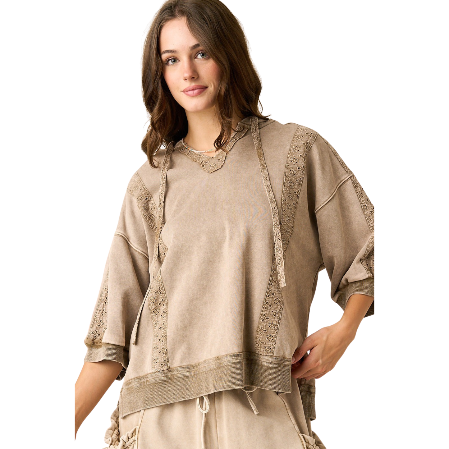 Elevate your casual wardrobe with this Mittoshop Washed Eyelet Lace Hoodie in rich mocha. Featuring delicate eyelet lace detailing and a comfortable short sleeve cut, this hooded top blends feminine charm with relaxed style. The soft, washed fabric offers a lived-in feel perfect for layering or wearing solo. Ideal for effortless everyday wear.