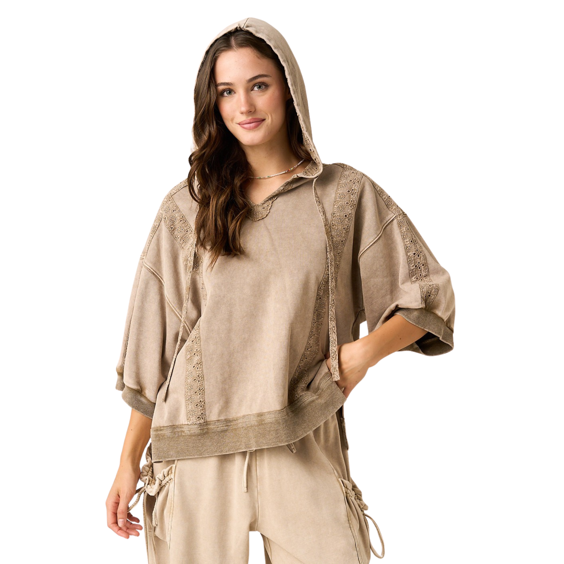 Elevate your casual wardrobe with this Mittoshop Washed Eyelet Lace Hoodie in rich mocha. Featuring delicate eyelet lace detailing and a comfortable short sleeve cut, this hooded top blends feminine charm with relaxed style. The soft, washed fabric offers a lived-in feel perfect for layering or wearing solo. Ideal for effortless everyday wear.