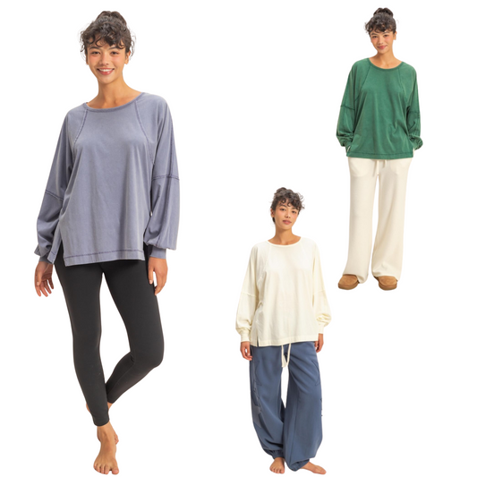 This GiGio brand sweatshirt combines comfort and style with its washed oversized fit and long sleeves. Designed with side slits for ease of movement, it offers a relaxed yet polished look. Available in cream, dark green, and dusty indigo, this versatile top enhances any casual wardrobe with its subtle color options and breathable fabric.