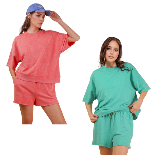 Effortless comfort meets casual style with this mineral wash top and shorts set from Very J. Available in soothing coral or sea foam, this short sleeve set is perfect for laid-back days at home or out and about. The soft, relaxed fit makes it an easy go-to for anyone seeking comfort without compromising on style.