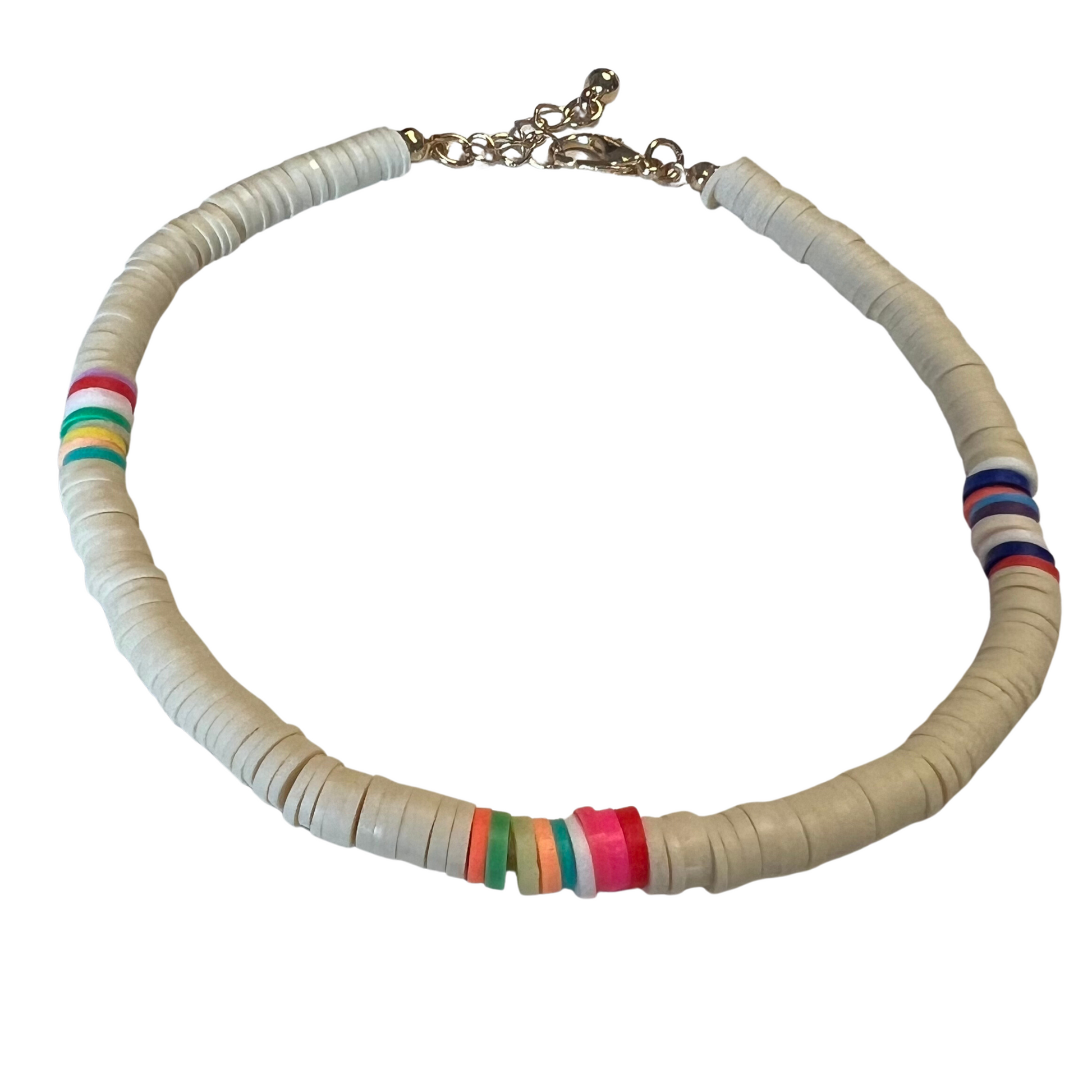 white beaded anklet with multicolor accents