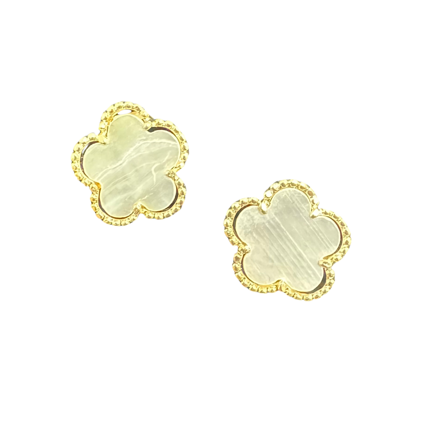 Clover studs with gold accents in mother of pearl