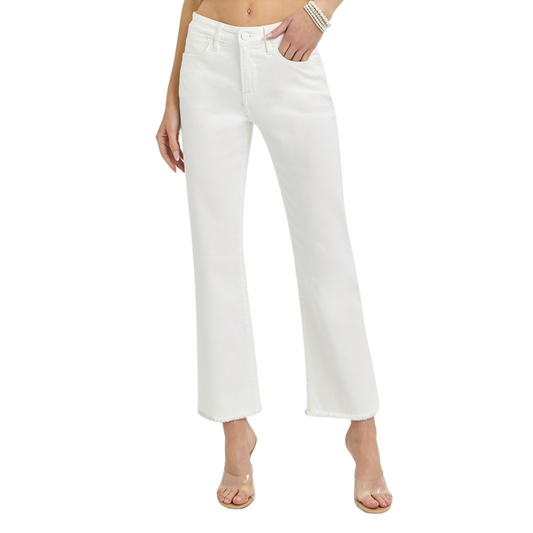 Expertly crafted with tummy control technology, these Mid Rise Cropped Frayed Hem Jeans from Risen provide a flattering fit while the raw hem adds a trendy touch. Made from white denim, these cropped jeans are the perfect addition to your wardrobe for a stylish and slimming look.