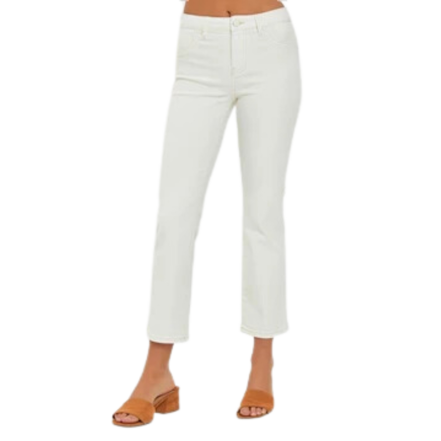 These Mid Rise Crop Straight Pants are made from off-white denim and feature a comfortable mid rise and stretch fabric for a customized fit. Perfect for versatile styling, these pants offer both style and comfort for any occasion.