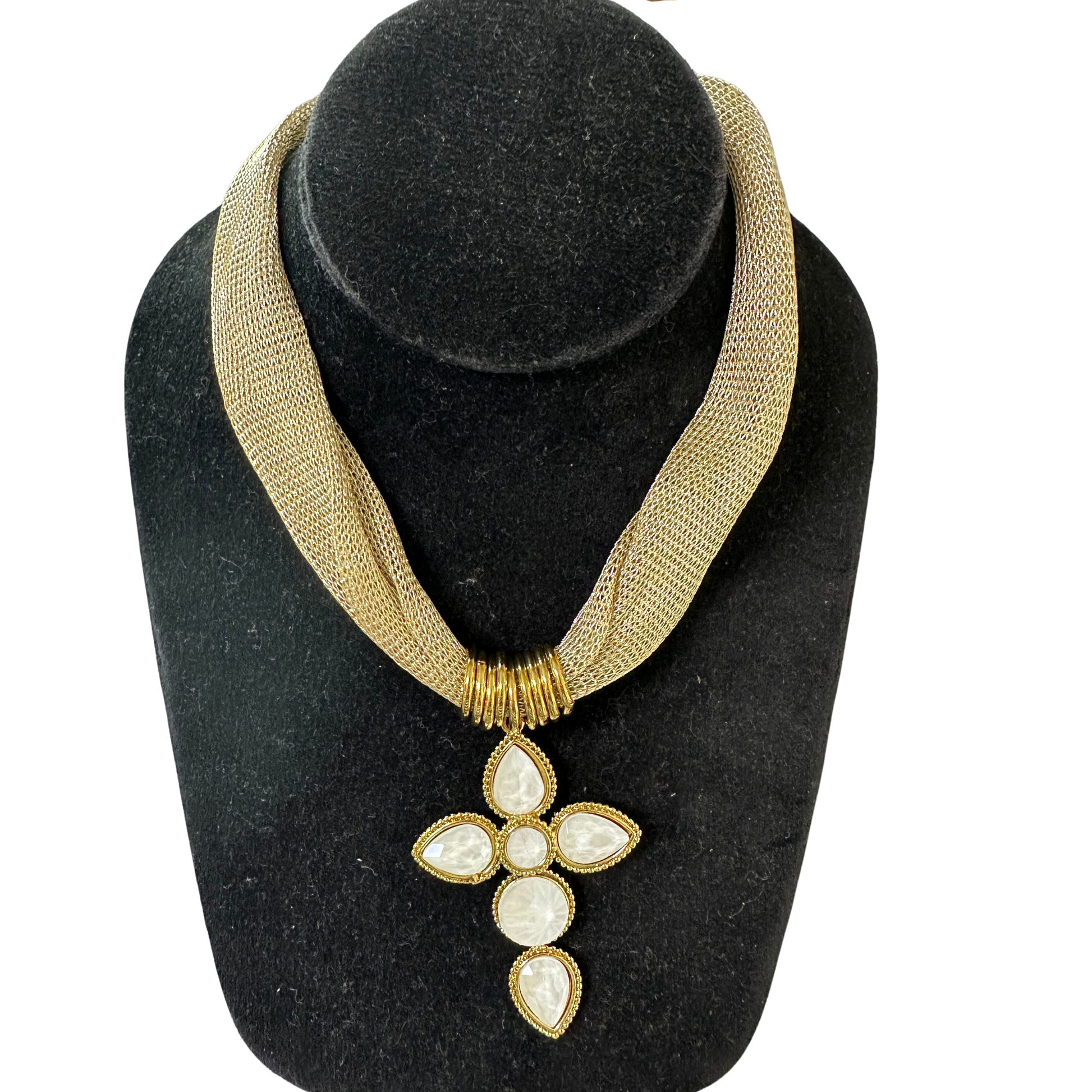 Stunning jeweled cross pendant necklace with radiant gold accents. Available in pristine white or eye-catching multicolor stones to suit your unique style. This short necklace features a graceful gold fabric chain that drapes beautifully close to the neckline, making it ideal for layering or wearing solo. Perfect for adding a touch of elegance and spiritual meaning to your everyday look.