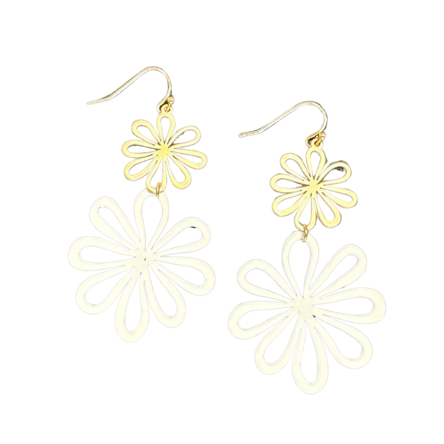 Double flower dangle earrings in gold and white