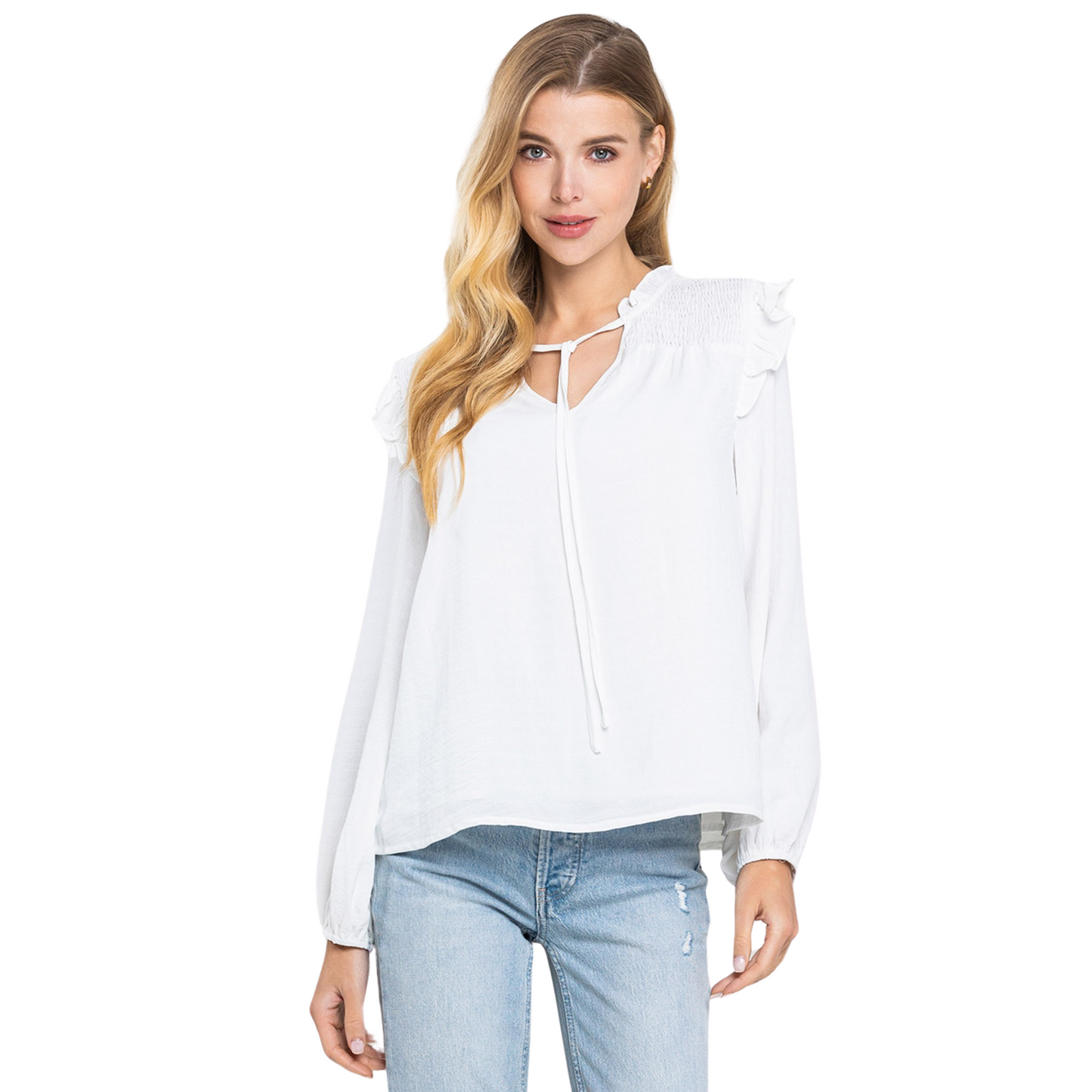 This TCEC white blouse features long sleeves and a lightweight fabric, offering breathable comfort for all-day wear. Its elegant tie-front design adds a modern touch, making it versatile for both casual and professional settings. Perfect for layering or wearing on its own, this blouse combines style and functionality with expert craftsmanship.