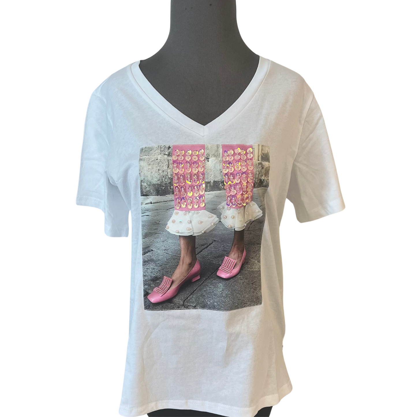 V-Neck bejeweled graphic tee in white with pink sequin accents