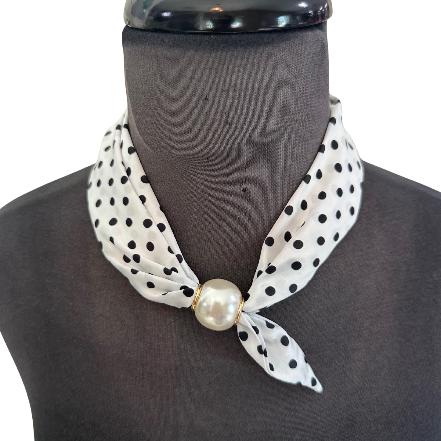 Scarf Necklace with Pearl accent in White Small Polka Dot