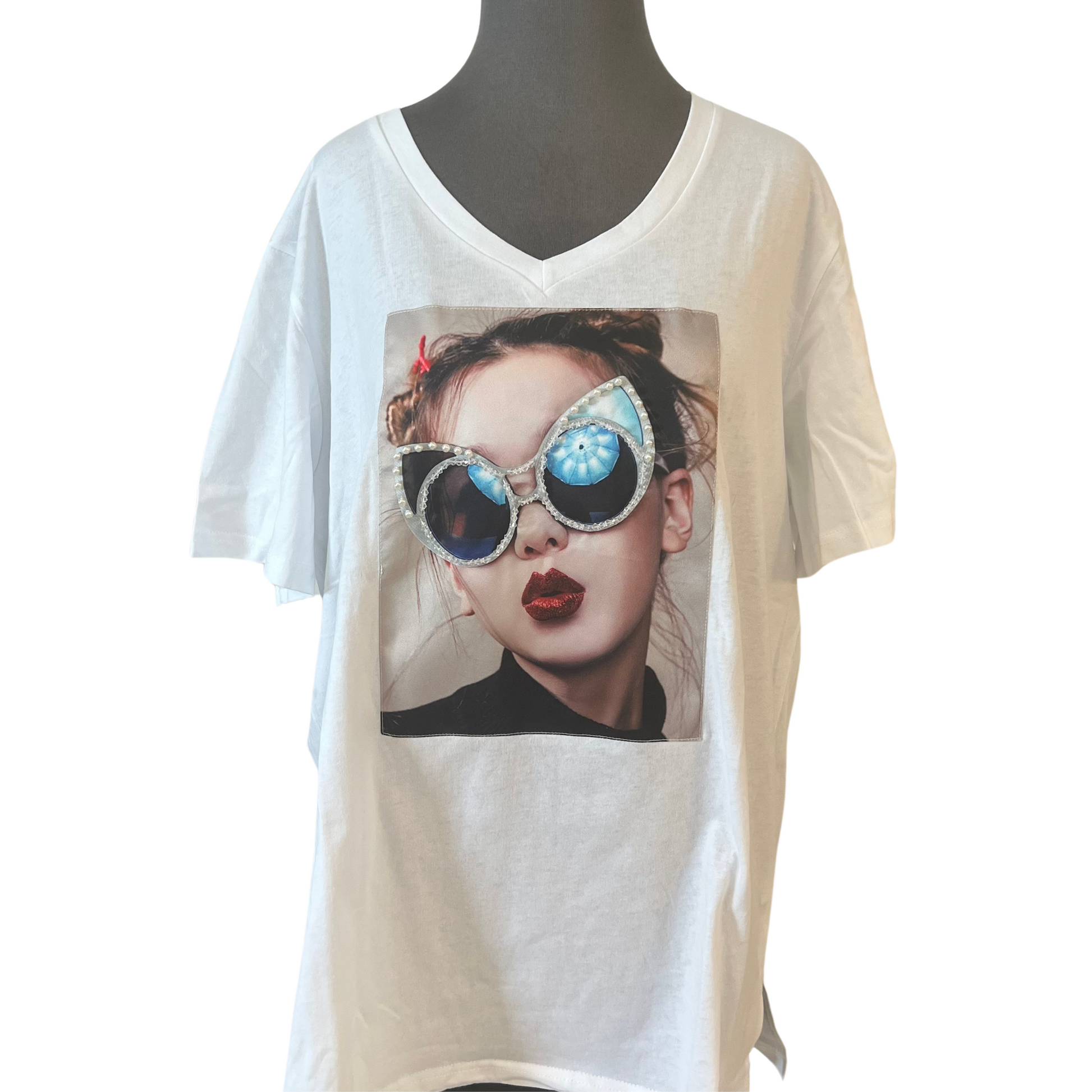 V-Neck bejeweled graphic tee in white with sunglasses and pearl accents