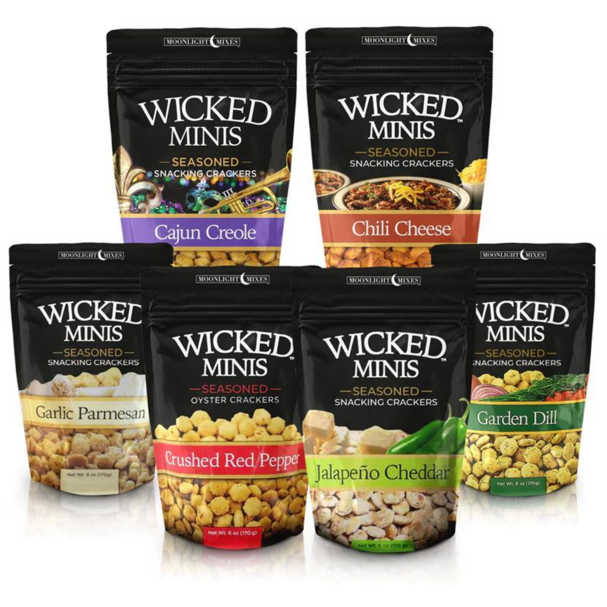 Wicked Minis are the perfect snack! These bite-sized pretzel morsels come in six bold flavors ready to tantalize your taste buds. Enjoy Garden Dill, Garlic Parmesan, Crushed Red Pepper, Jalepeno Cheddar, Chili Cheese, and Cajun Creole - each bursting with unique flavor. Treat yourself to a snack that packs a punch!