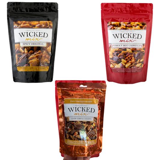 Wicked Mix is the ultimate snack mix. Delight in the perfect combination of spicy original, smoky hot chipotle, and a limited edition fall flavor. Enjoy the unique mix of crunchy, savory flavors that make Wicked Mix one of a kind. Perfect for any occasion!
