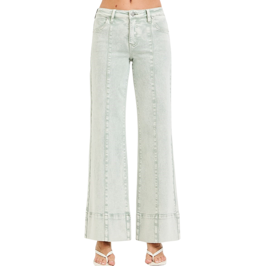 Effortless comfort meets contemporary style with these Mid Rise Wide Leg Jeans from Risen. Crafted in a soft pistachio hue with a mineral-washed finish, these jeans deliver a relaxed, on-trend silhouette. The wide-leg cut provides freedom of movement while the built-in tummy control offers subtle shaping and support throughout the day. Perfect for creating laid-back looks that feel as good as they look.