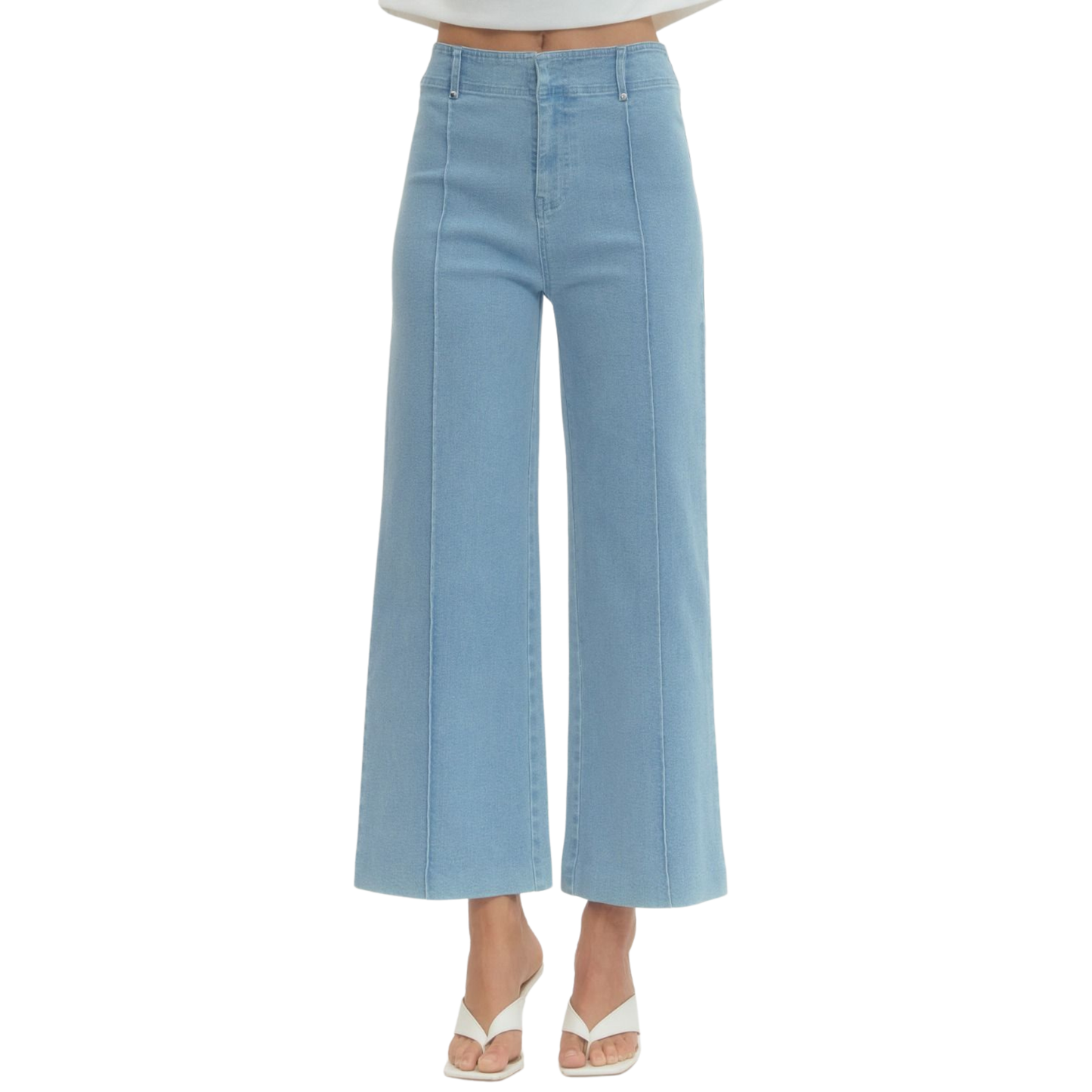Elevate your everyday style with these High Rise Wide Leg Pants from Entro. Designed in a soft light blue hue, these pants feature a flattering high-rise waistband that elongates your silhouette while the wide-leg cut provides comfortable, effortless movement. Perfect for creating versatile looks—dress them up with heels and a blouse or keep it casual with sneakers and a tee. A wardrobe essential that combines contemporary design with all-day wearability.