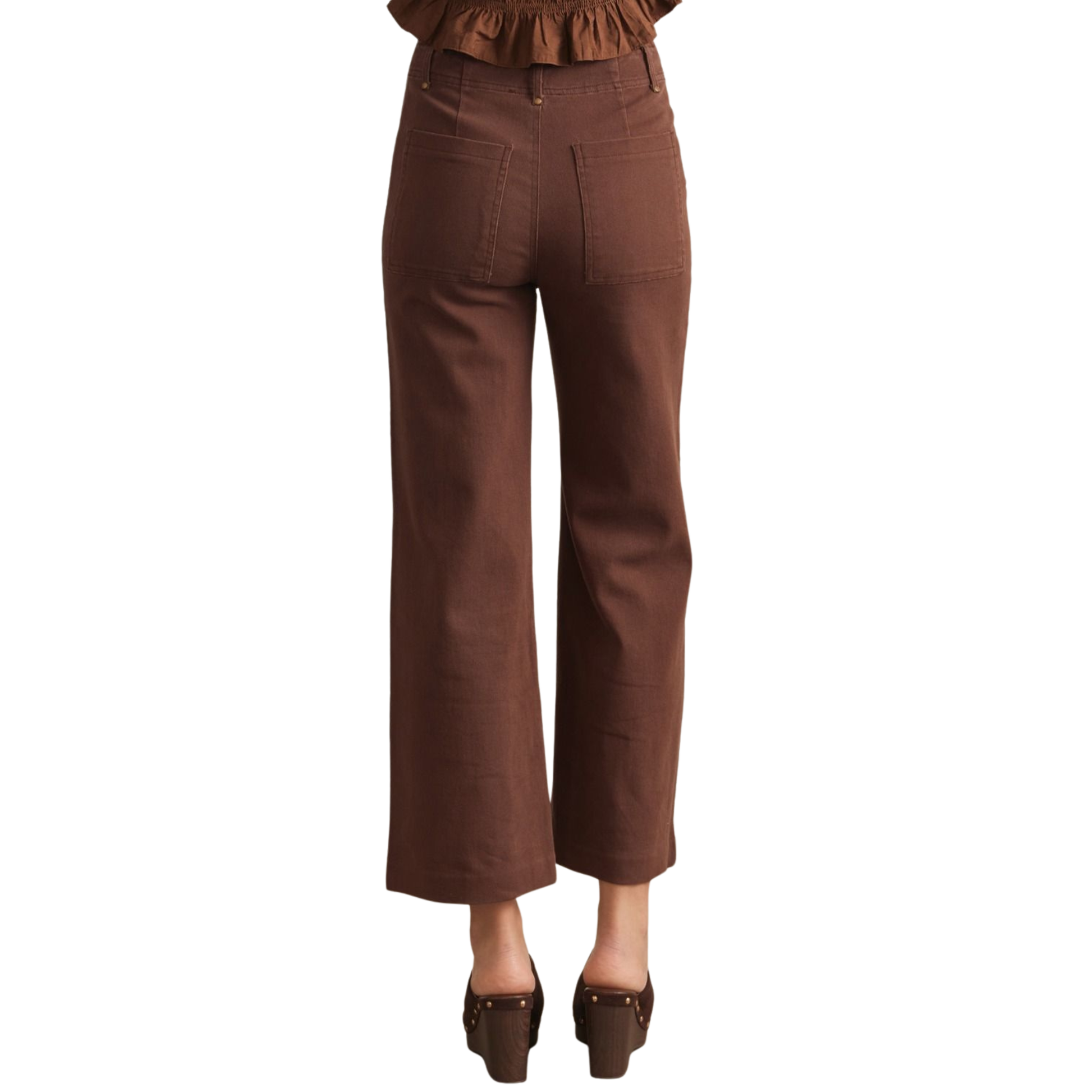 Elevate your wardrobe with these sophisticated high-rise wide-leg pants from Entro. Crafted in a rich brown tone, they feature a flattering front seam detail that creates a sleek silhouette. The lightweight, woven fabric drapes beautifully without clinging, while the unlined construction keeps you comfortable all day. Functional back patch pockets and a secure zip-fly button closure complete the design. Perfect for dressing up or down, these versatile trousers are a timeless essential.
