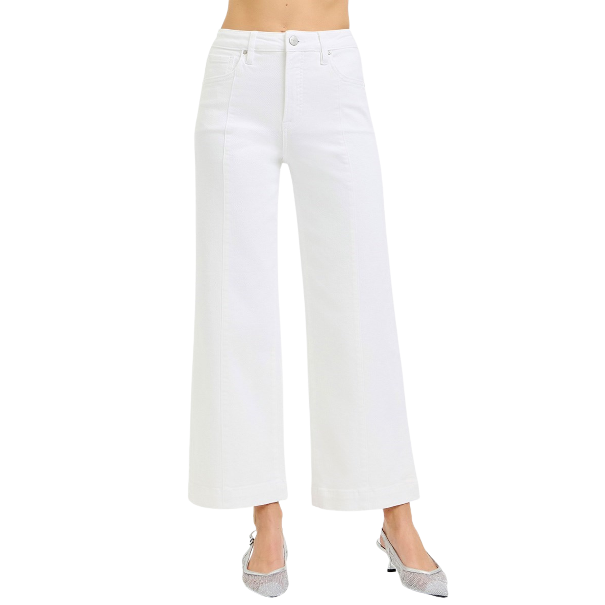 Elevate your everyday style with these high-rise wide-leg pants from Risen. Crafted in crisp white with a flattering cropped length, they offer a modern silhouette that works for any occasion. The built-in tummy control provides a smooth, confident fit while the high-rise waistband creates a lengthening effect. Perfect for pairing with crop tops, fitted blouses, or oversized sweaters.