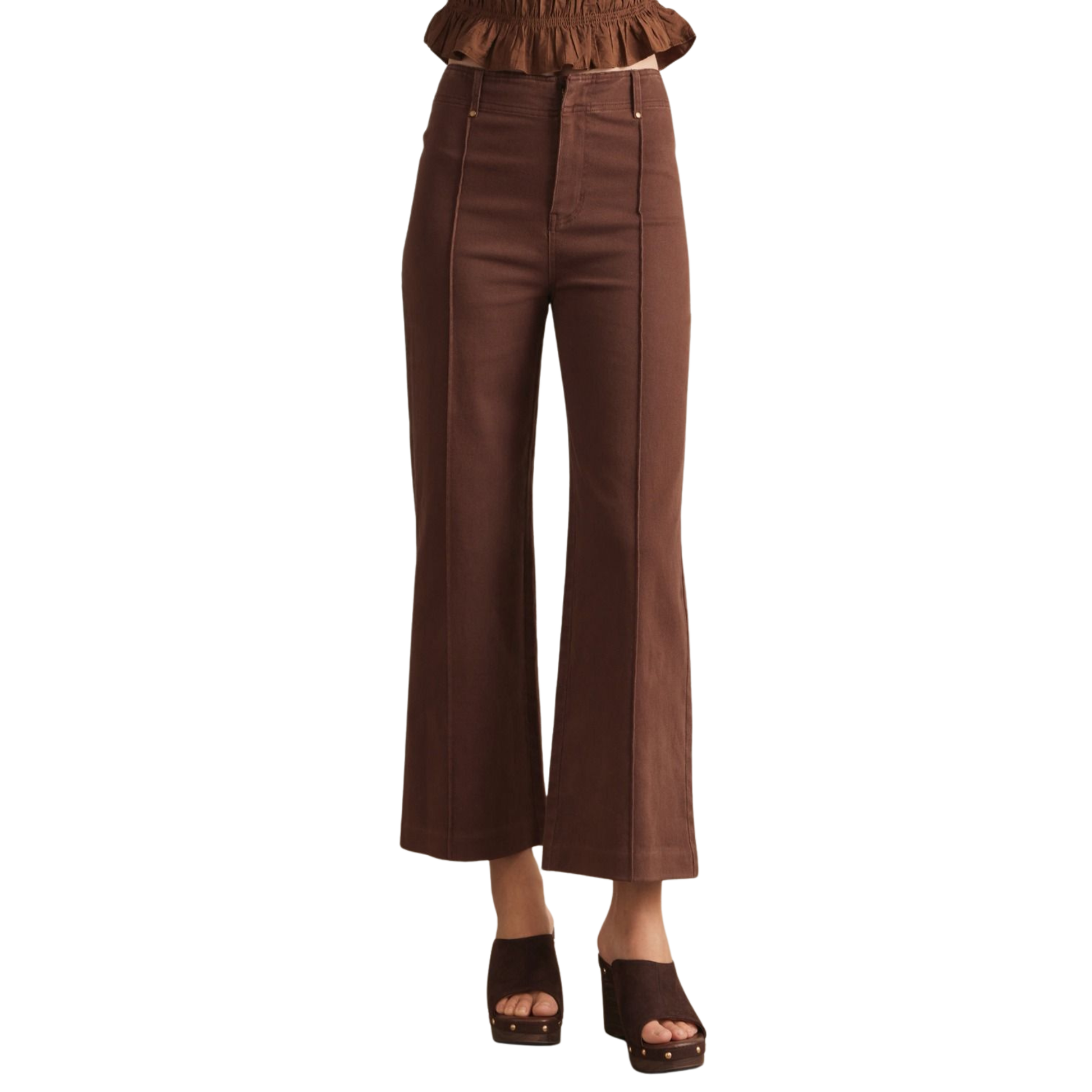 Elevate your wardrobe with these sophisticated high-rise wide-leg pants from Entro. Crafted in a rich brown tone, they feature a flattering front seam detail that creates a sleek silhouette. The lightweight, woven fabric drapes beautifully without clinging, while the unlined construction keeps you comfortable all day. Functional back patch pockets and a secure zip-fly button closure complete the design. Perfect for dressing up or down, these versatile trousers are a timeless essential.