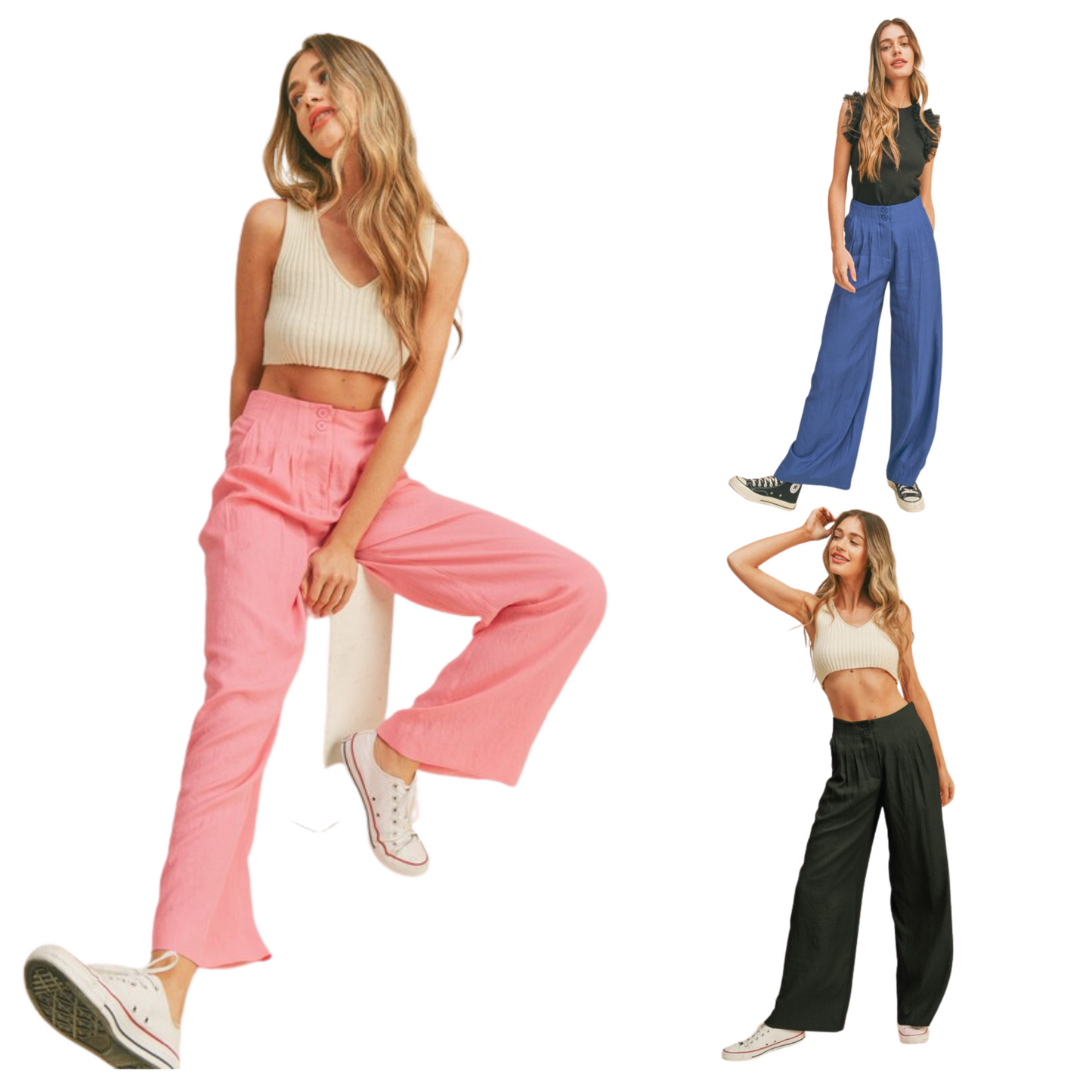 Our Wide Leg Trousers feature a pleated high rise waist, zip up closure with button, plus elastic waistband on back for a comfortable fit. Crafted with two side pockets, these trousers are available in pink, black, and royal blue colors. Style with a blouse for an elevated look.