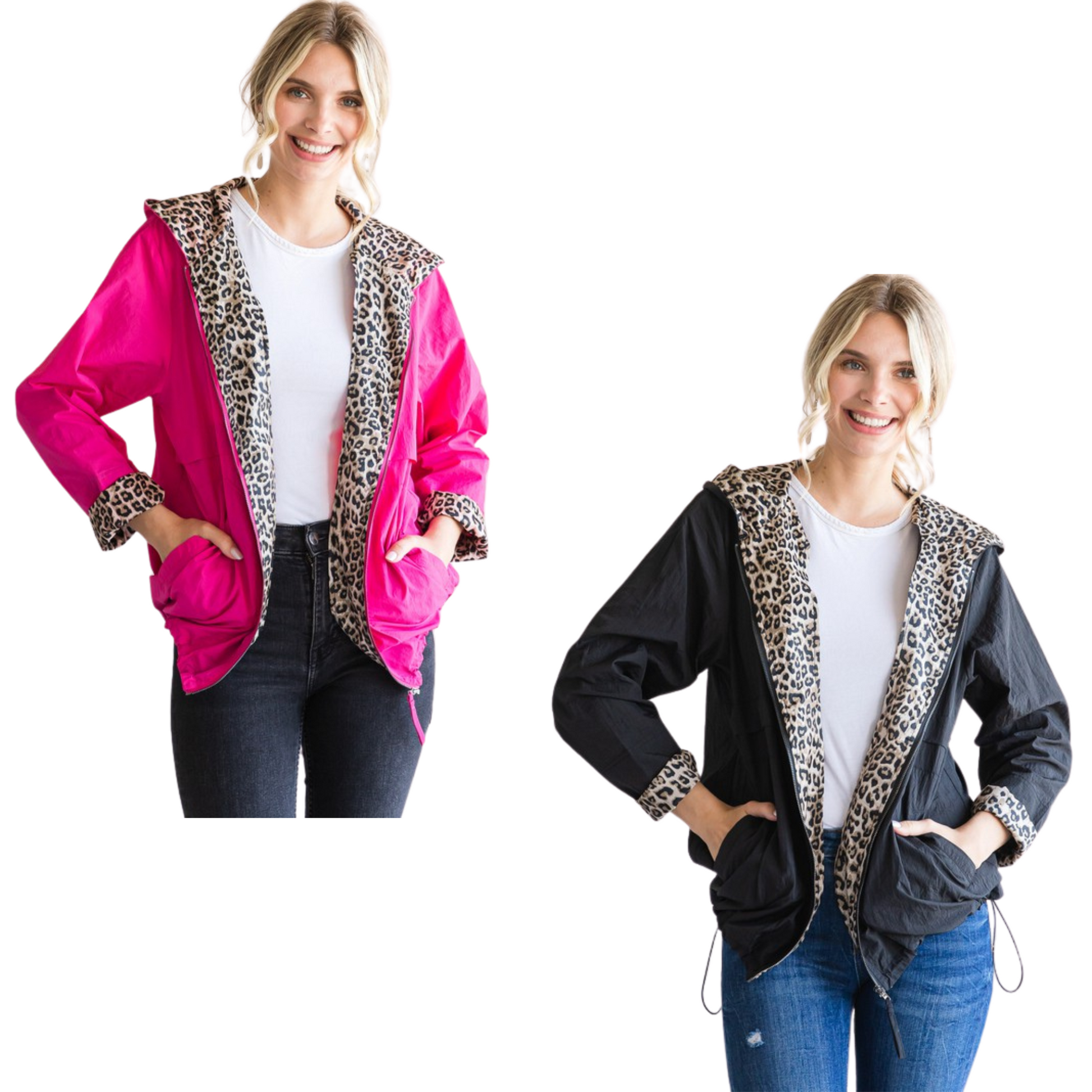 This plus Leopard Lined Windbreaker is perfect for any active lifestyle. It features long sleeves with leopard print on the end of each sleeve and a drawstring hood lined with leopard print. The lightweight fabric and drawstring hemline hold in warmth without sacrificing breathability. Available in either hot pink or black.