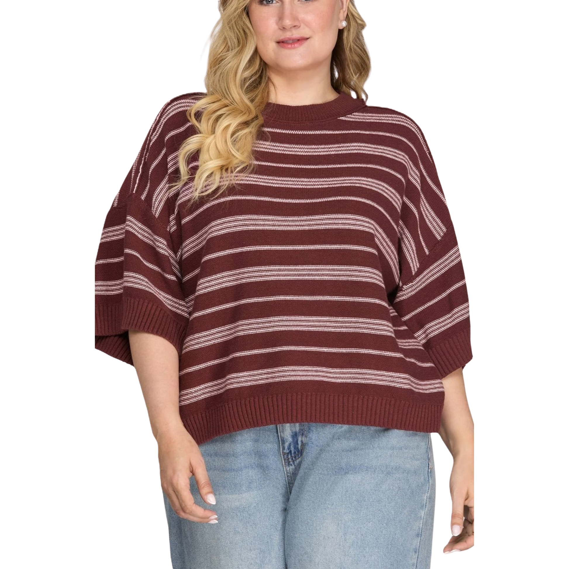 Elevate your everyday style with this wine-colored striped knit sweater top from She+Sky. Designed for the modern plus-size figure, this piece features comfortable half sleeves and a flattering fit that works for any occasion. The classic striped pattern adds visual interest while the soft knit fabric keeps you cozy and confident. Perfect for layering or wearing solo, this versatile sweater top is a wardrobe essential that transitions seamlessly from season to season.