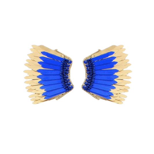 These Sequin Wing Earrings boast a beautiful blue color with a gold accent to add shimmer. A stylish angel wing adorns the stud earring for a look that is sure to sparkle. Show off your unique style with these stunning earrings.