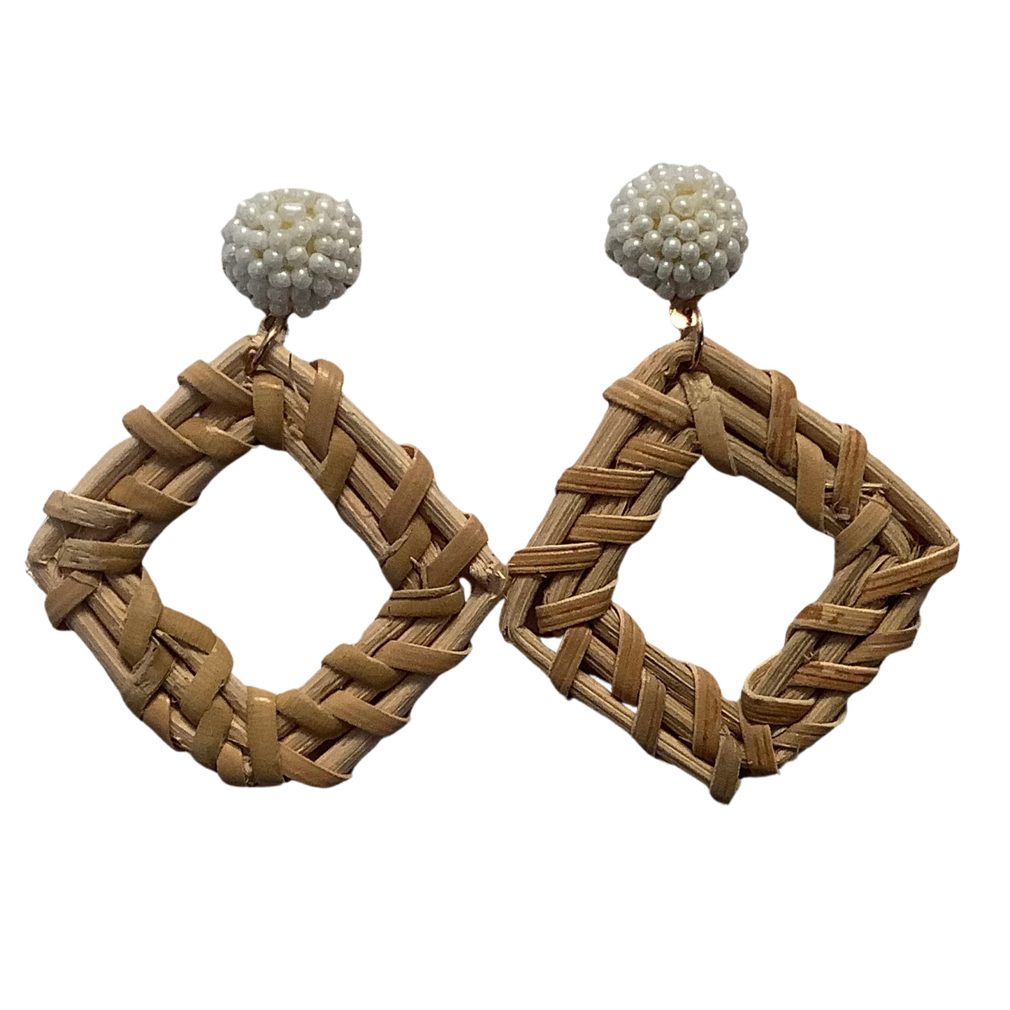 Diamond shaped wood wrapped earrings with white bead accents